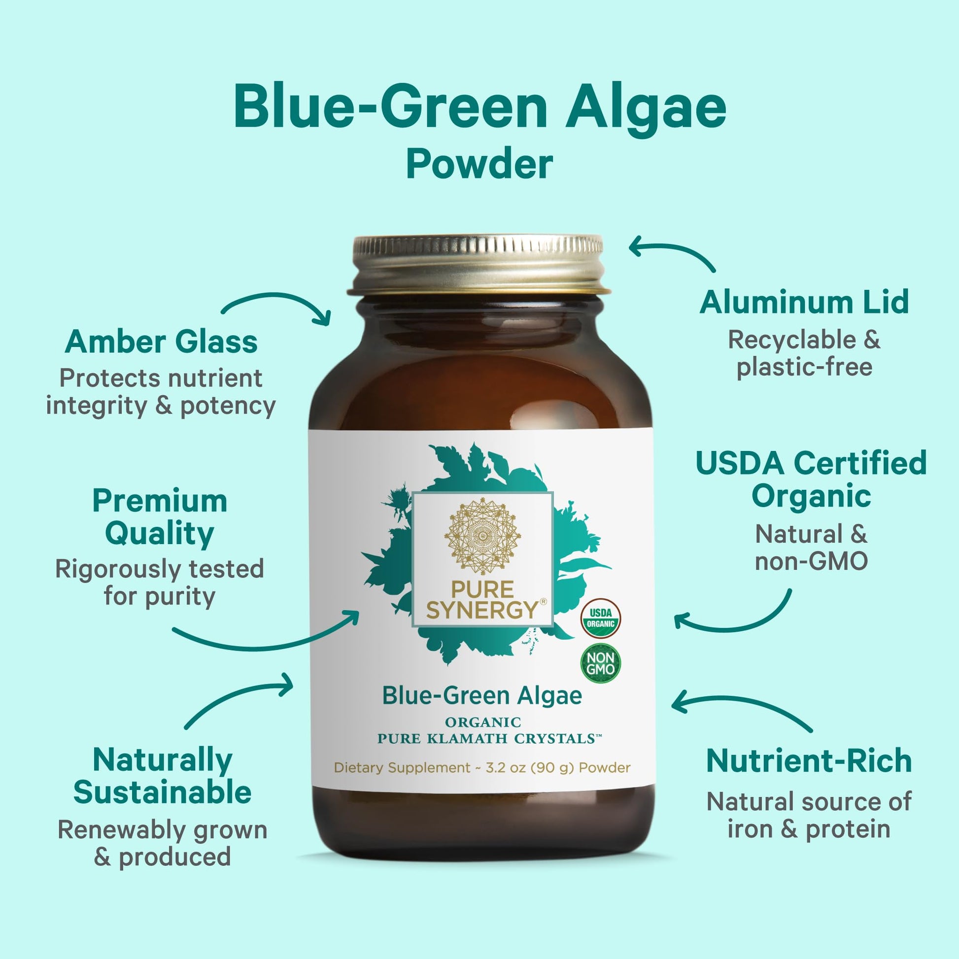PURE SYNERGY Blue-Green Algae Powder | Superfood Powder with Chlorophyll | Organic AFA Blue Green Algae Supplement | Supports Energy, Mental Clarity, and Detoxification (3.2 oz.) PURE SYNERGY Au supplements