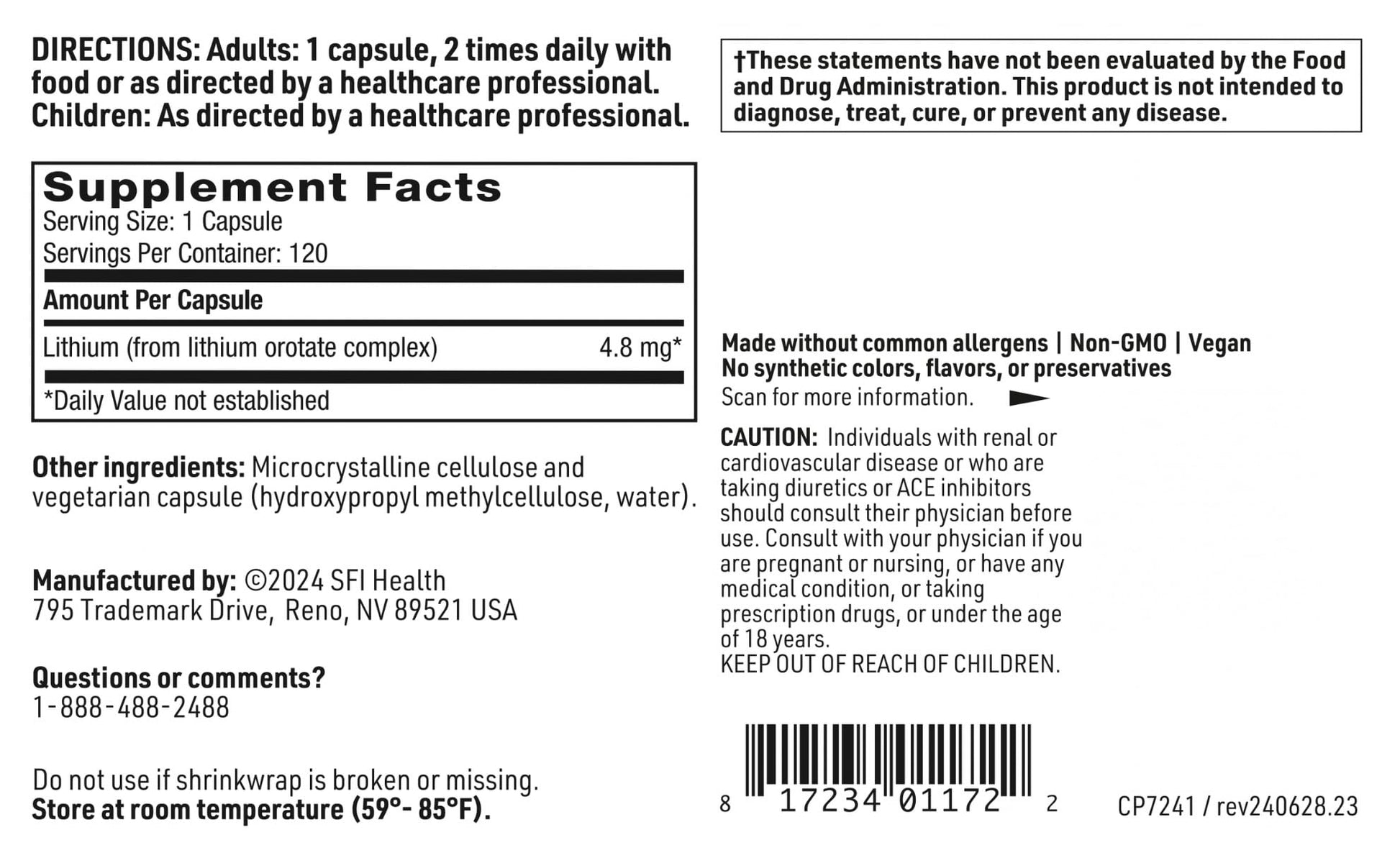 Klaire Labs SFI Health Lithium Orotate 4.8 mg - May Help Balance Mood - Bioavailable Lithium Orotate Supplement - Trace Minerals Promote Focus, Memory, Cognitive & Mood Support (120 Capsules) SFI Health Au supplements