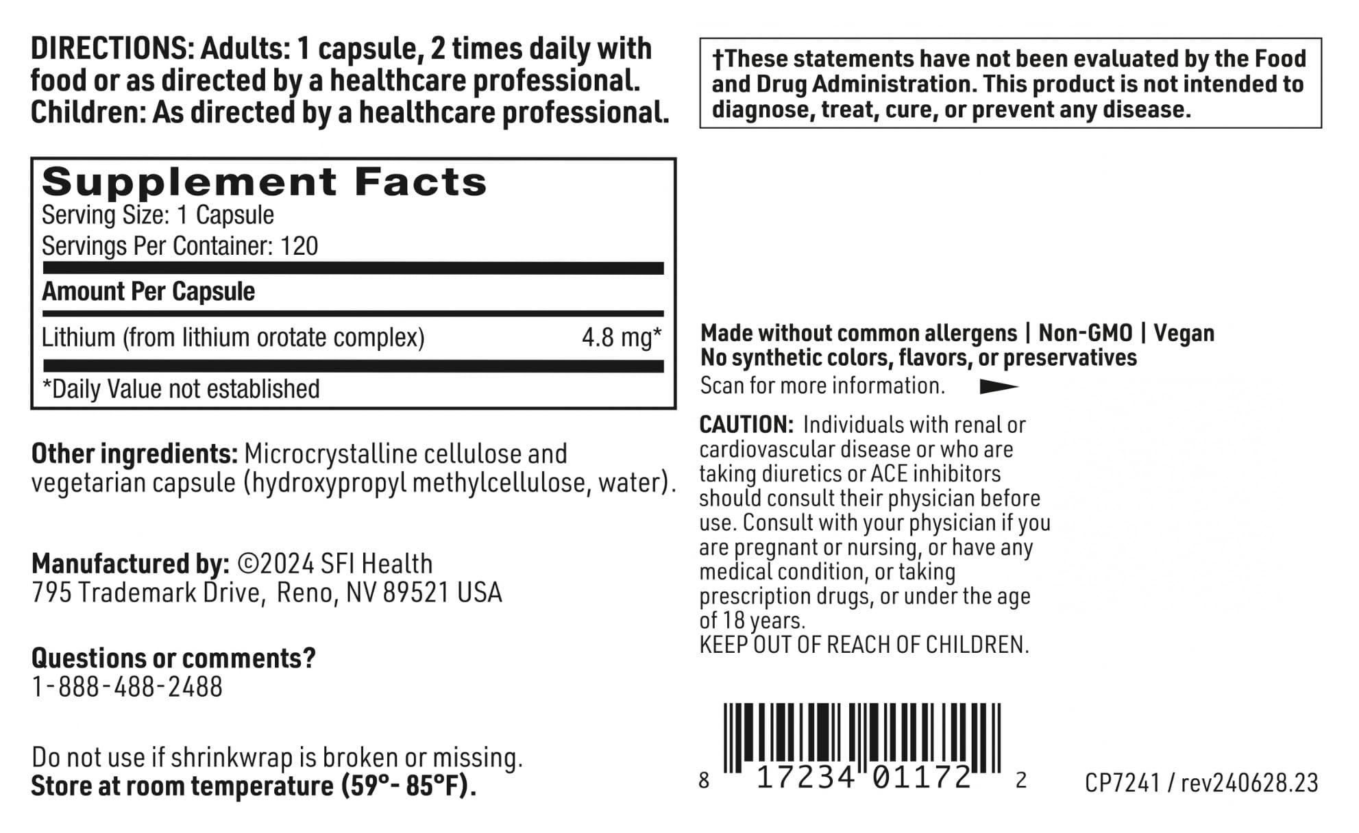 Klaire Labs SFI Health Lithium Orotate 4.8 mg - May Help Balance Mood - Bioavailable Lithium Orotate Supplement - Trace Minerals Promote Focus, Memory, Cognitive & Mood Support (120 Capsules) SFI Health Au supplements