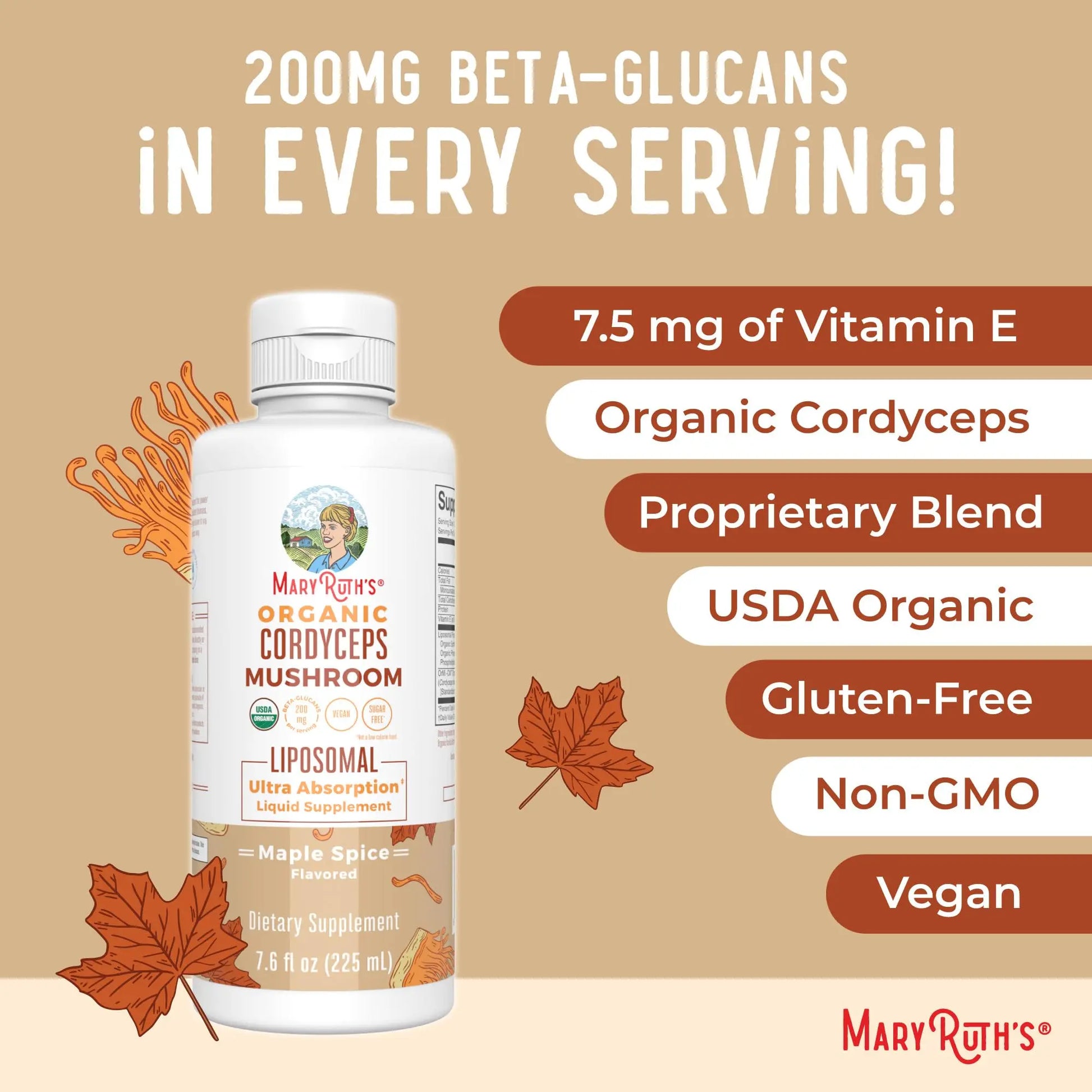 MaryRuth Organics Cordyceps Mushroom Supplement | Ultra Absorption Liposomal | Full Spectrum Mushroom | 200mg Beta-Glucans Per Serving | USDA Organic | Vegan | 7.6 oz | 15 Servings MARYRUTH'S Au supplements