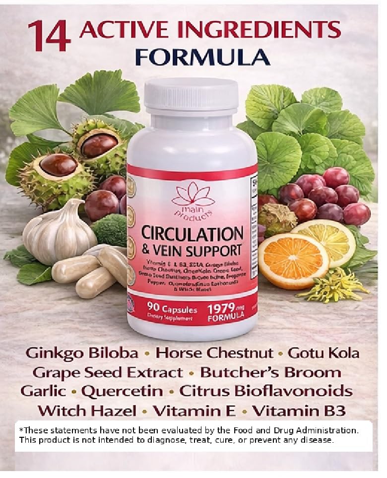 Circulation & Vein Support Supplement - Vitamins E & B3, Ginkgo Biloba, Horse Chestnut, Gotu Kola, Grape Seed, Butcher's Broom & Citrus Bioflavonoids - 1979 mg Formula - 90 Capsules - 30 Days Supply. Main Products Au supplements