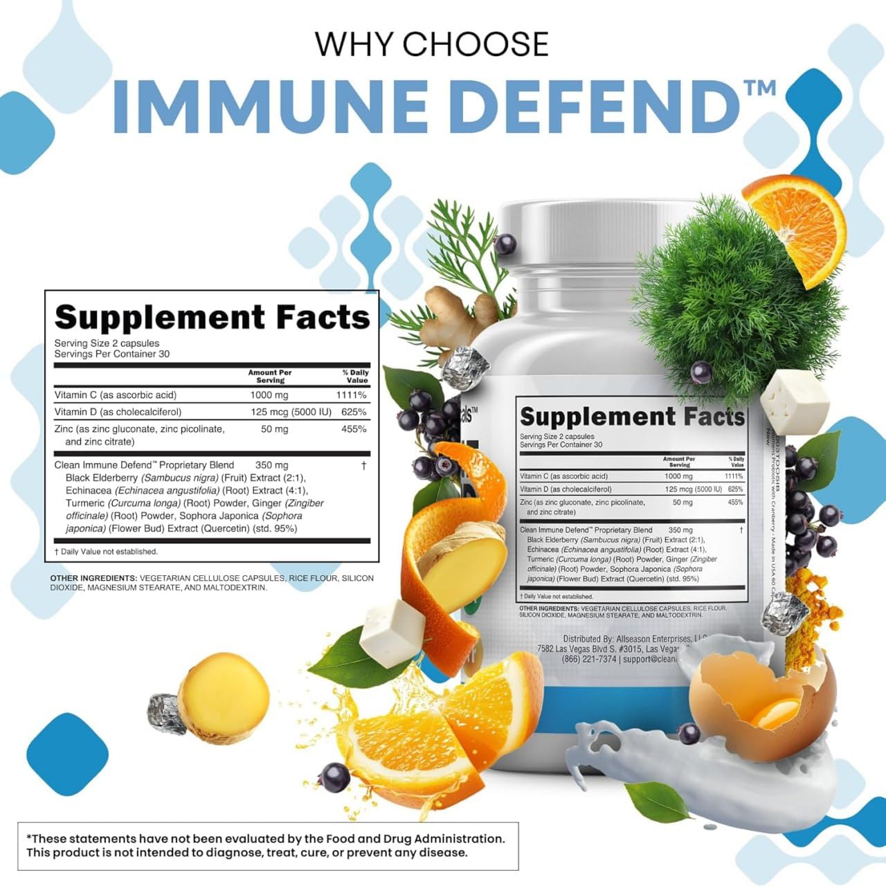 Clean Nutraceuticals Immune Defense Support Supplement 8 in 1 with Zinc 50mg Quercetin, VIT C 1000mg, Vitamin D3 5000 IU, Elderberry, Ginger - Immunity System Booster for Adults, Vegan - 60 Count Clean Nutraceuticals Au supplements