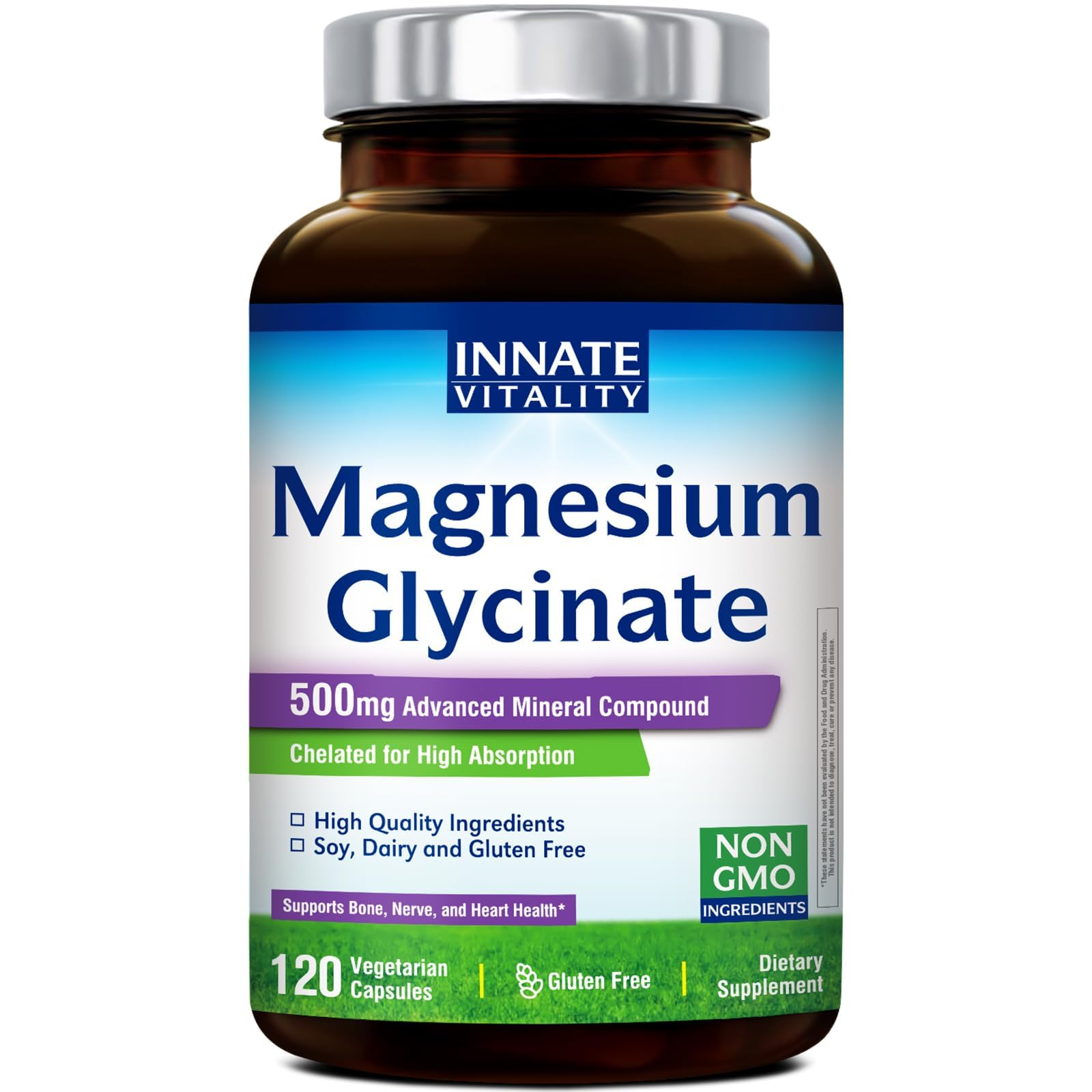Innate Vitality Magnesium Glycinate 500mg | 70mg Elemental Magnesium Supplement - High Absorption, Non Buffered, Non-GMO & No Gluten - Vegan - Nerve Health - 120 Capsules (Pack of 1) Innate Vitality Au supplements