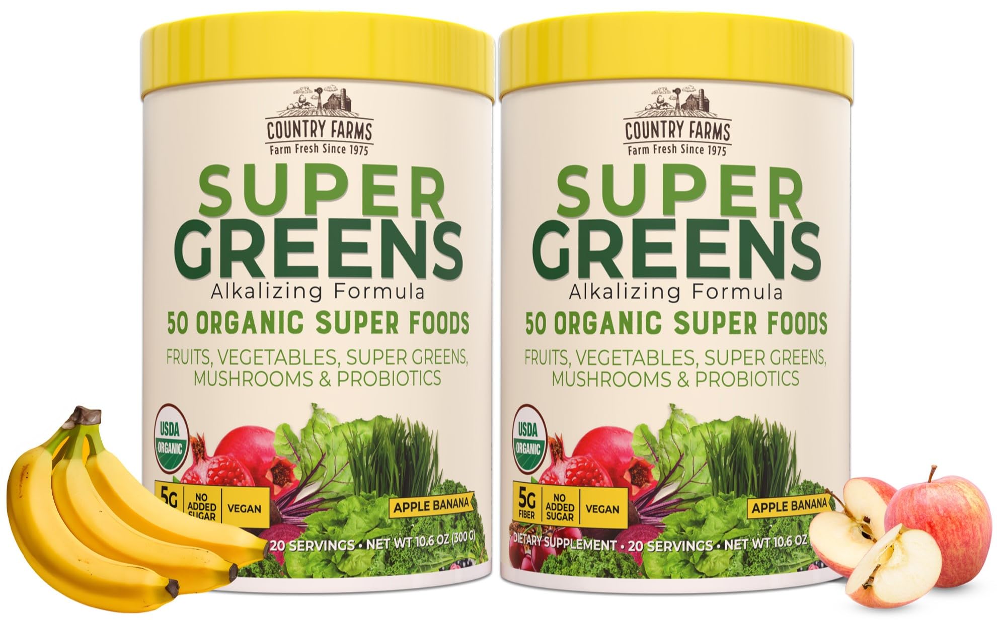 Country Farms Super Greens Apple Banana Powder Smoothie, Organic Super Foods, USDA Organic Drink Mix, Fruits, Vegetables, Mushrooms, Superfood Nutrition, 40 Servings, 2 Pack Country Farms Au supplements