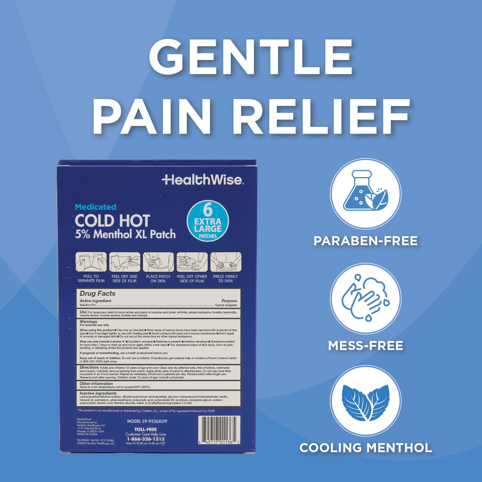 HealthWise Cold Hot Medicated Menthol XL Patch | 5% Menthol | Back and Large Areas | 5.51” x 9.84” | 6-Count | Paraben-Free | Soothes Minor Aches and Pains | Super-Size Relief HealthWise Au supplements