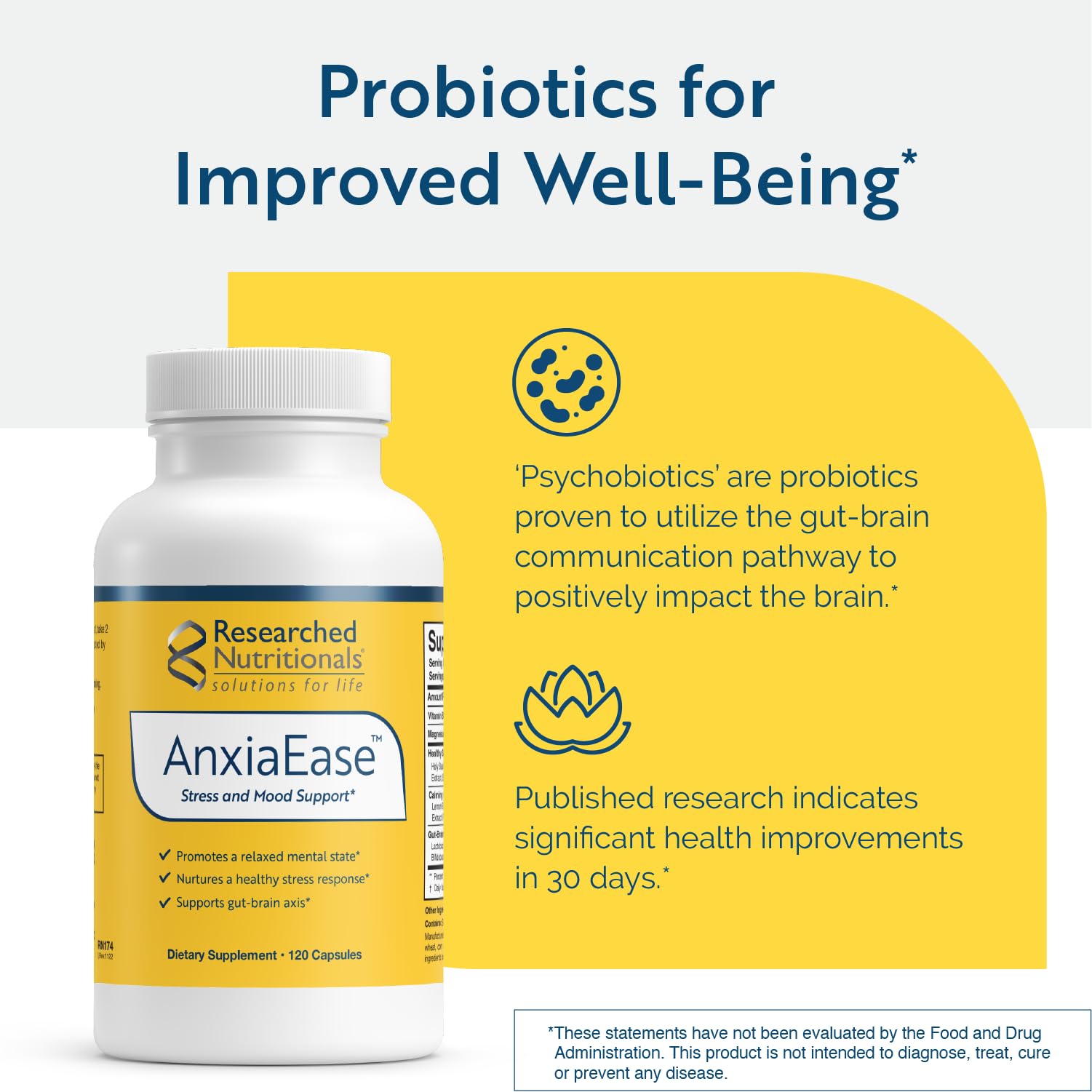 Researched Nutritionals AnxiaEase - Stress, Cortisol Management & Mood Support Supplement - Botanicals, Vitamin B6, Magnesium & 'Psychobiotic' Probiotic Strains (120 Capsules) Researched Nutritionals Au supplements