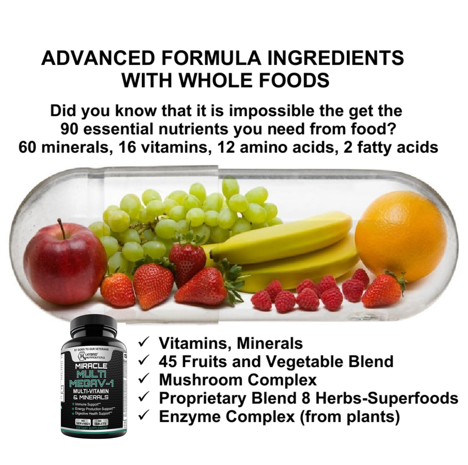 MEGAV-1 Multi-Vitamin, Superfood & Minerals - Daily Multivitamin with Probiotics, Digestive Enzyme, Mushroom Complex for Heart Health, Immune Support, Energy & Stamina - 90 Tablets Hybrid Nutraceuticals Au supplements