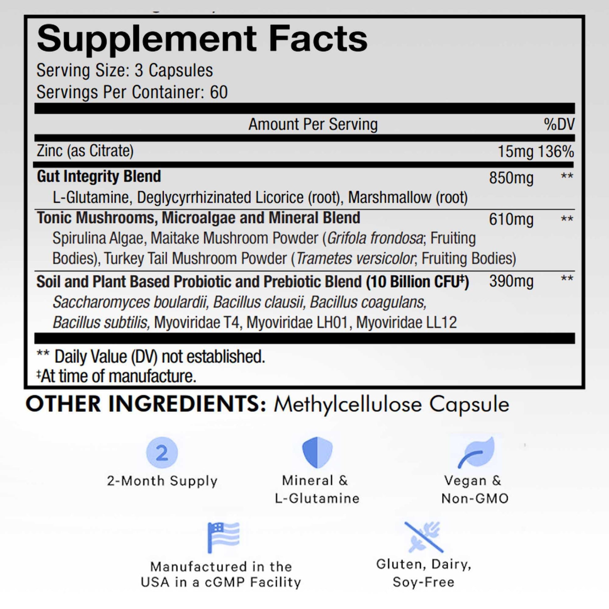 Codeage Gut Health Supplements Vegan Formula - L Glutamine, Zinc, Turkey Tail Mushroom Powder, Tonic Mushroom, Maitake, Micro Algae, Mineral, Licorice Root DGL - Probiotics, Prebiotics - 180 Capsules Codeage Au supplements