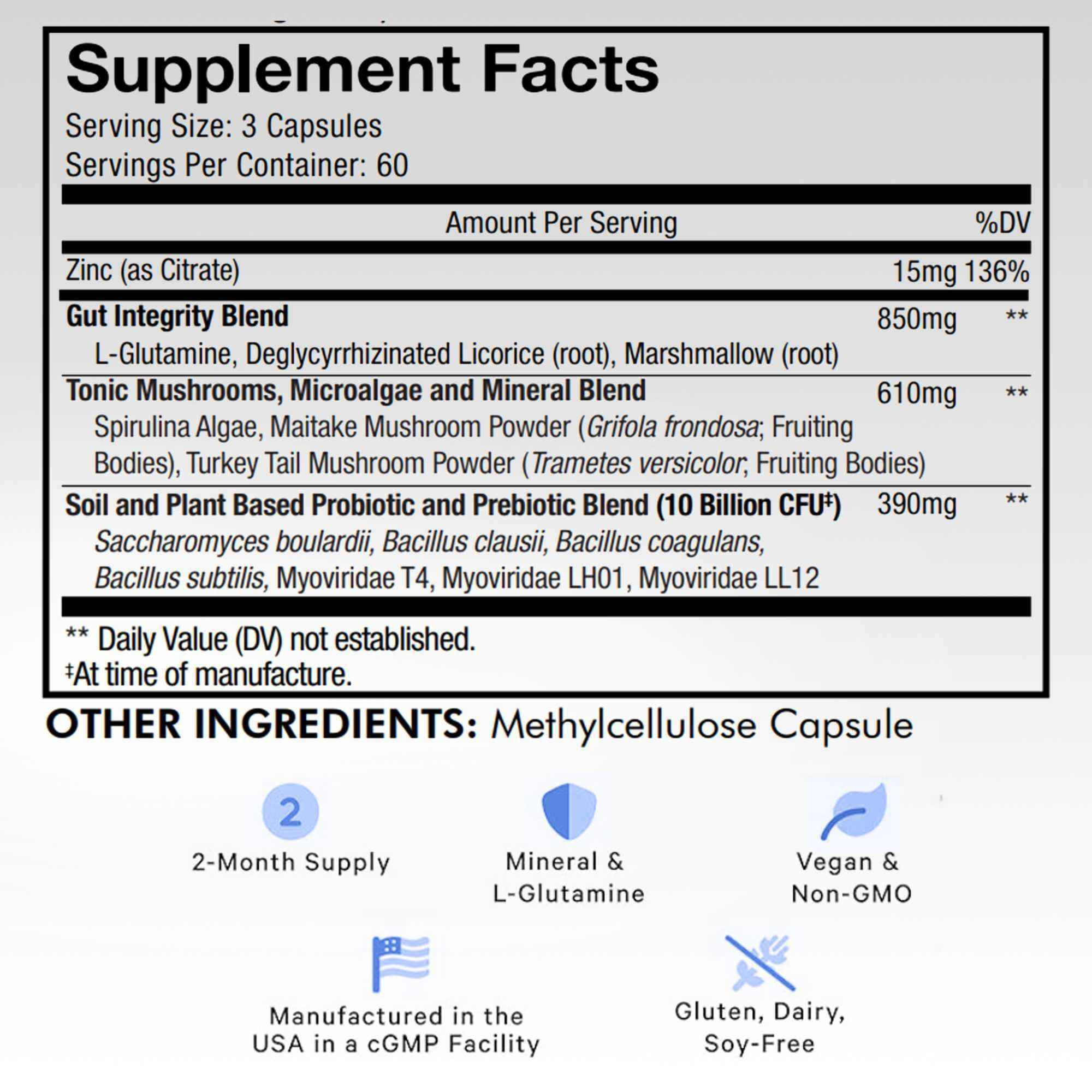 Codeage Gut Health Supplements Vegan Formula - L Glutamine, Zinc, Turkey Tail Mushroom Powder, Tonic Mushroom, Maitake, Micro Algae, Mineral, Licorice Root DGL - Probiotics, Prebiotics - 180 Capsules Codeage Au supplements