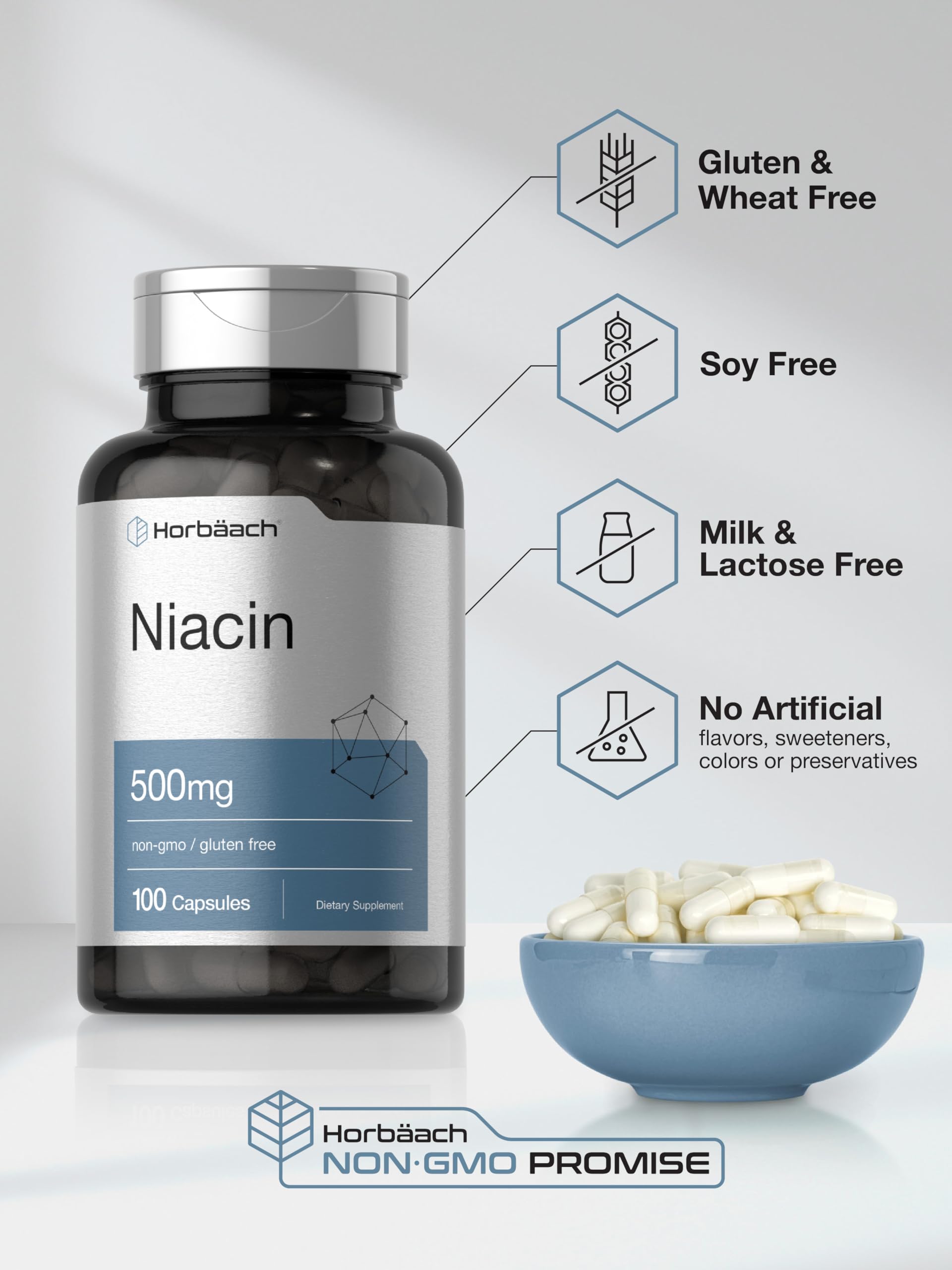 Niacin | Vitamin B3 500mg | 100 Capsules | with Flushing | Non-GMO, and Gluten Free Horbäach Au supplements