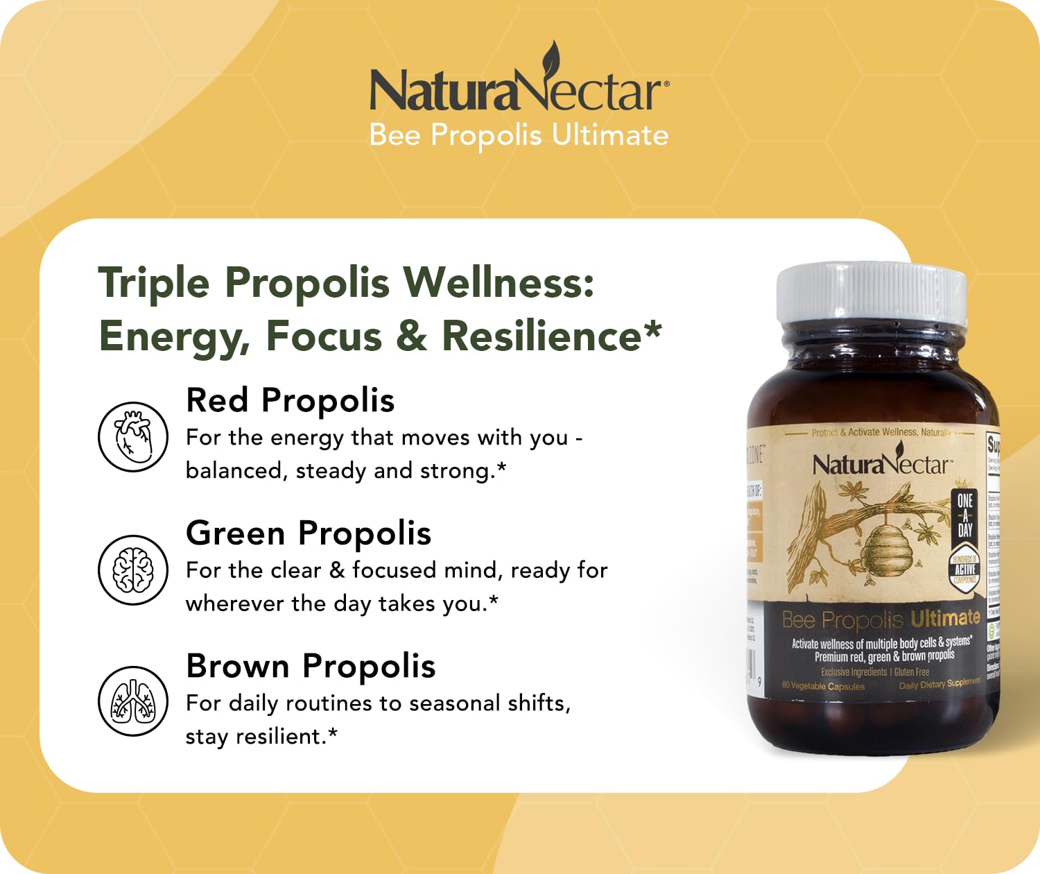 NaturaNectar - Ultimate Bee Propolis Capsules - NSF Contents Certified -Brazilian Red, Brown, & Green - Gluten-Free Supplement with Flavonoids - Naturally Sourced Through Ethical Beekeeping (60pcs.) NaturaNectarAu supplements