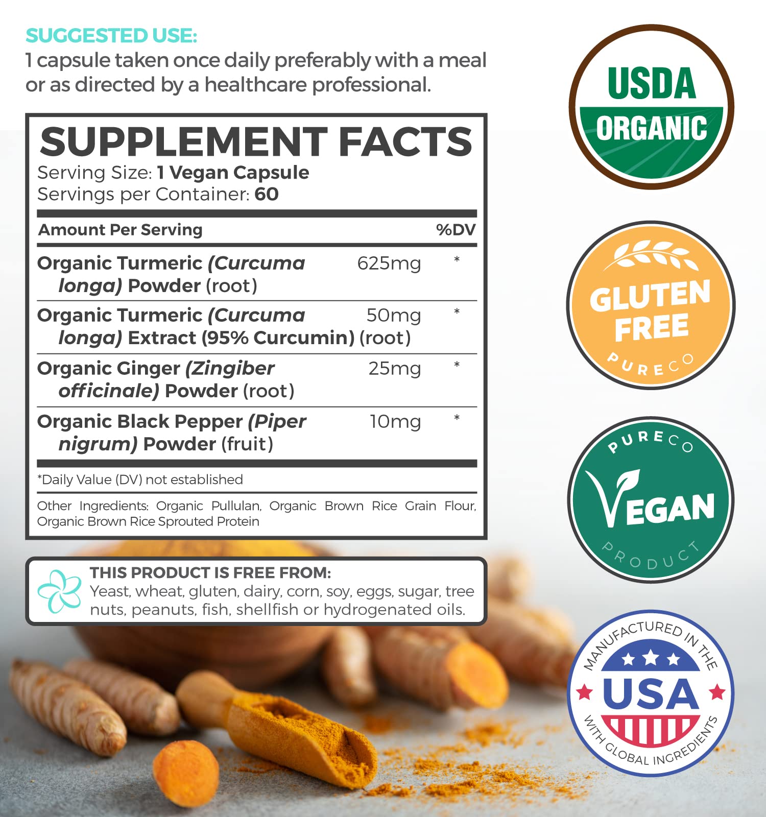 USDA Organic Turmeric Curcumin with Black Pepper and Ginger (2 Month Supply) PURE CO Au supplements