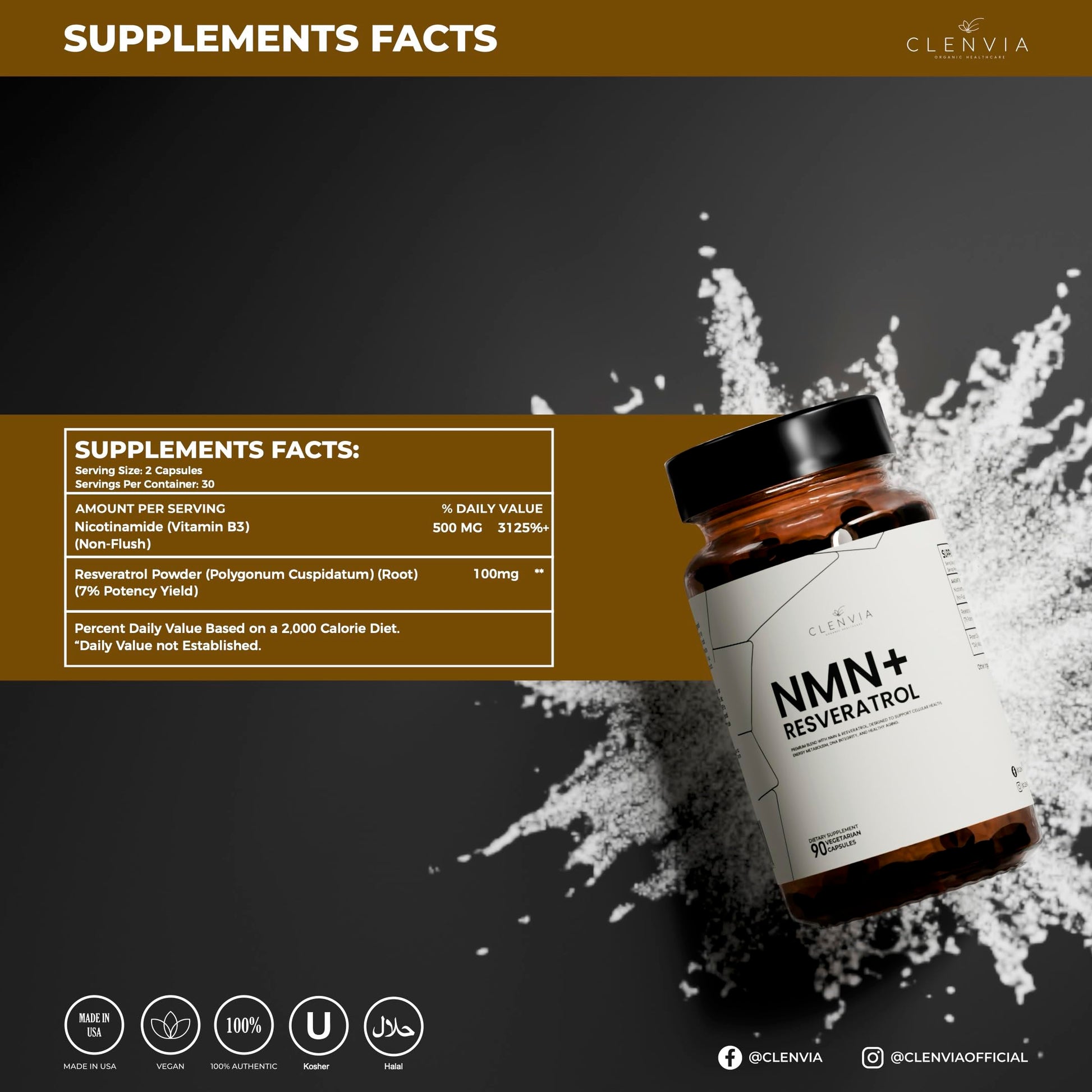 CLENVIA Premium NMN Supplement with Resveratrol – High Potency NAD+ Support Formula – >99.7% Purity – Third-Party Tested – Made in USA – 500mg Nicotinamide + 100mg Resveratrol – 90 Capsules CLENVIA Au supplements