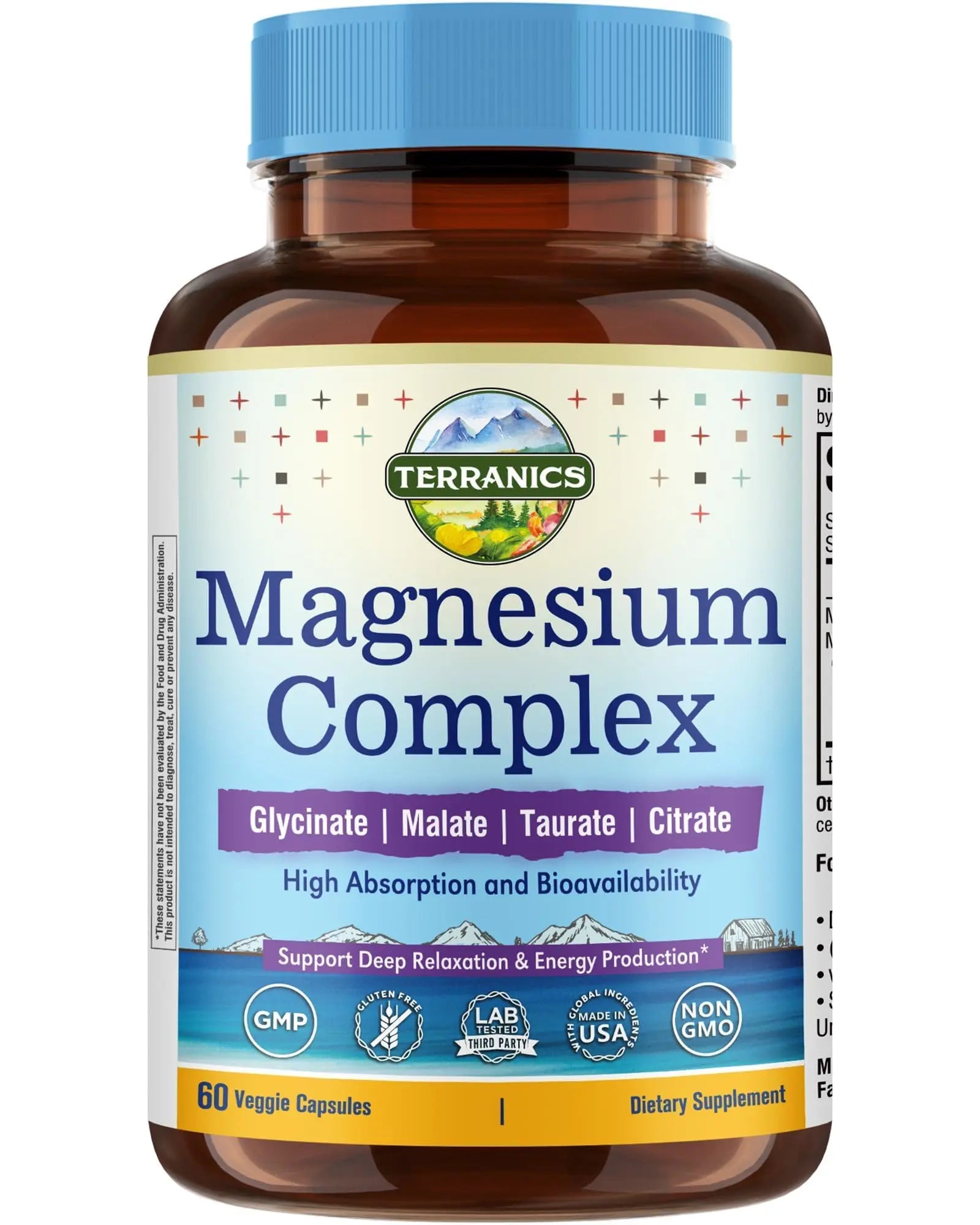 Terranics Magnesium Complex 500mg, Glycinate, Malate, Taurate, Citrate, Chelated Purified Easily Absorbed Magnesium Supplement for Sleep, Heart, Energy, Digestion Support, 60 Capsules Terranics Au supplements