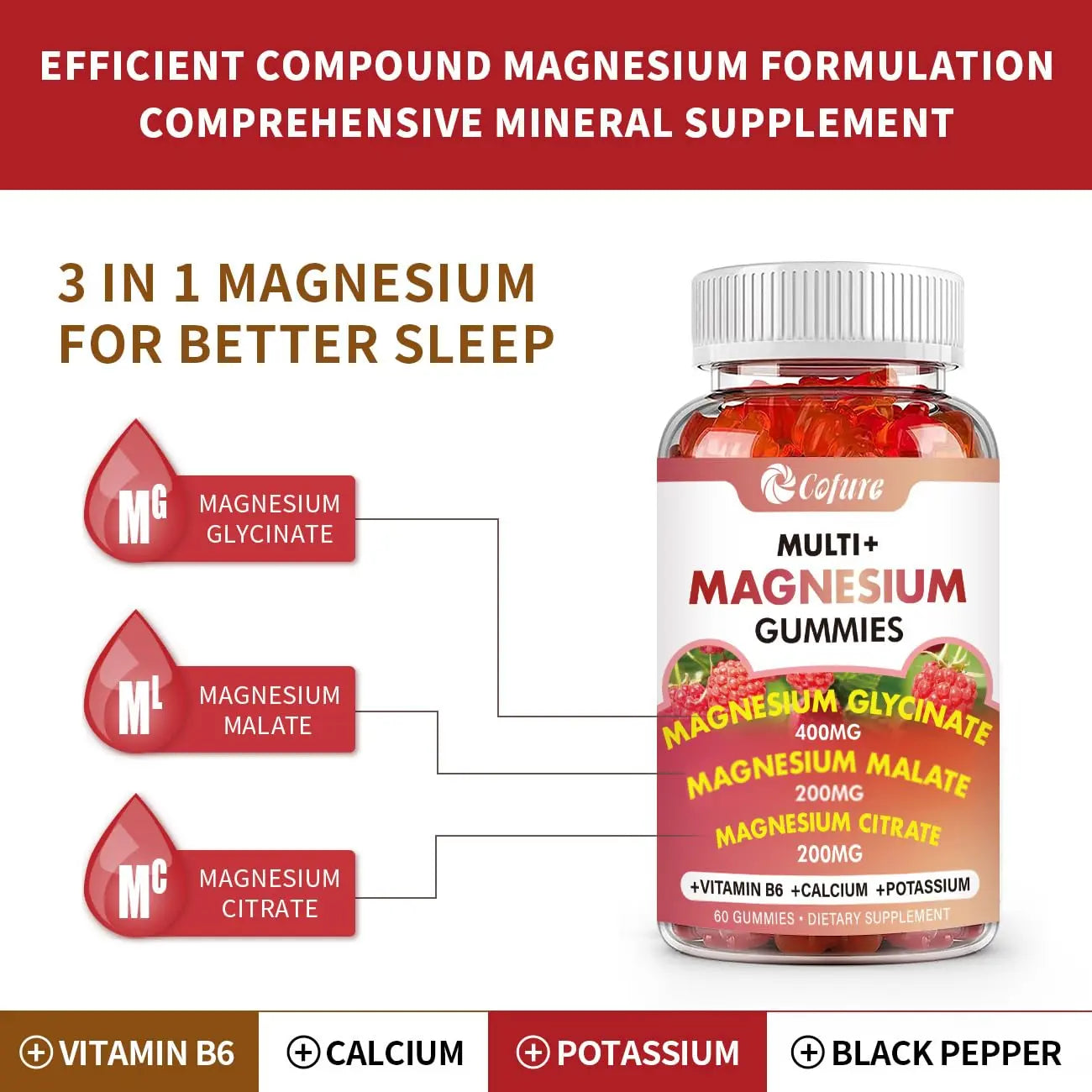 Cofure Triple Magnesium Complex 900 mg, Magnesium Glycinate, Citrate, Malate with Potassium, Calcium, Vitamin B6 for Calm & Sleep - Vegan, Non-GMO, Gluten Free - 120 Raspberry Gummies for Adults Cofure Au supplements