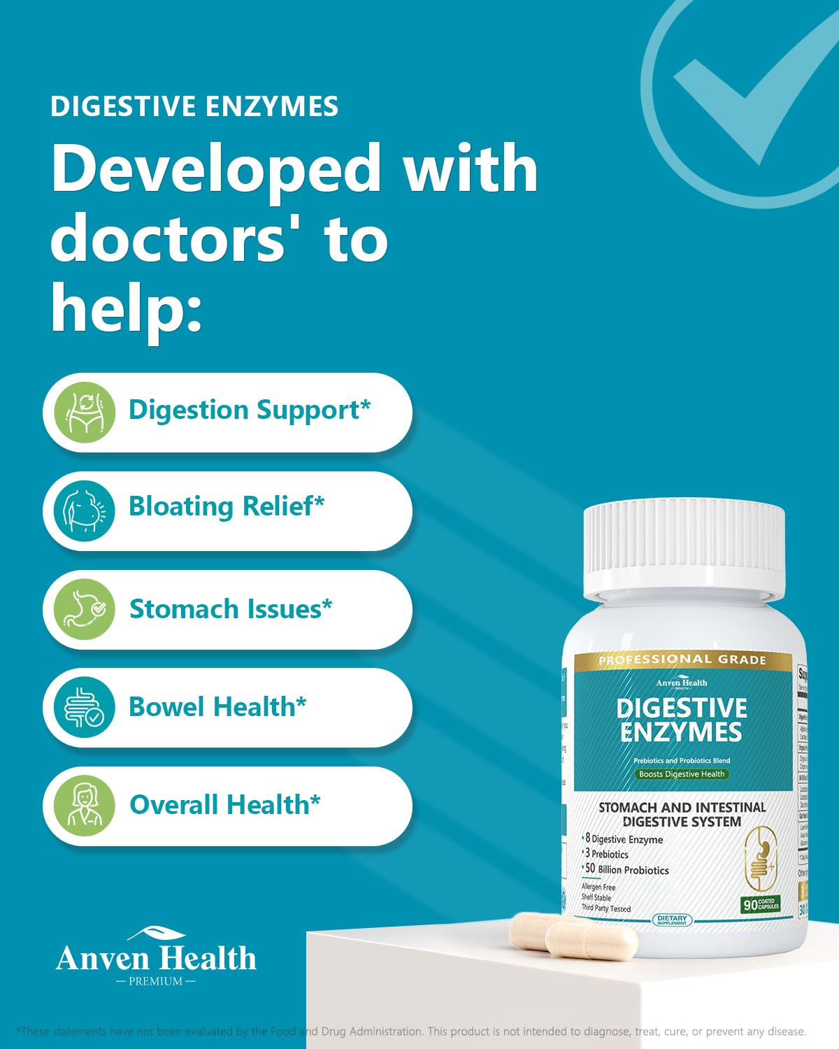 Anven Health 800mg Digestive Enzymes for Men and Women with Probiotics & Prebiotics, 8 Key Enzymes, Protease, Amylase & Lipase | 180 Capsules - A 60-Day Supply for Bloating & Gas Relief - Non-GMO Anven Health Au supplements
