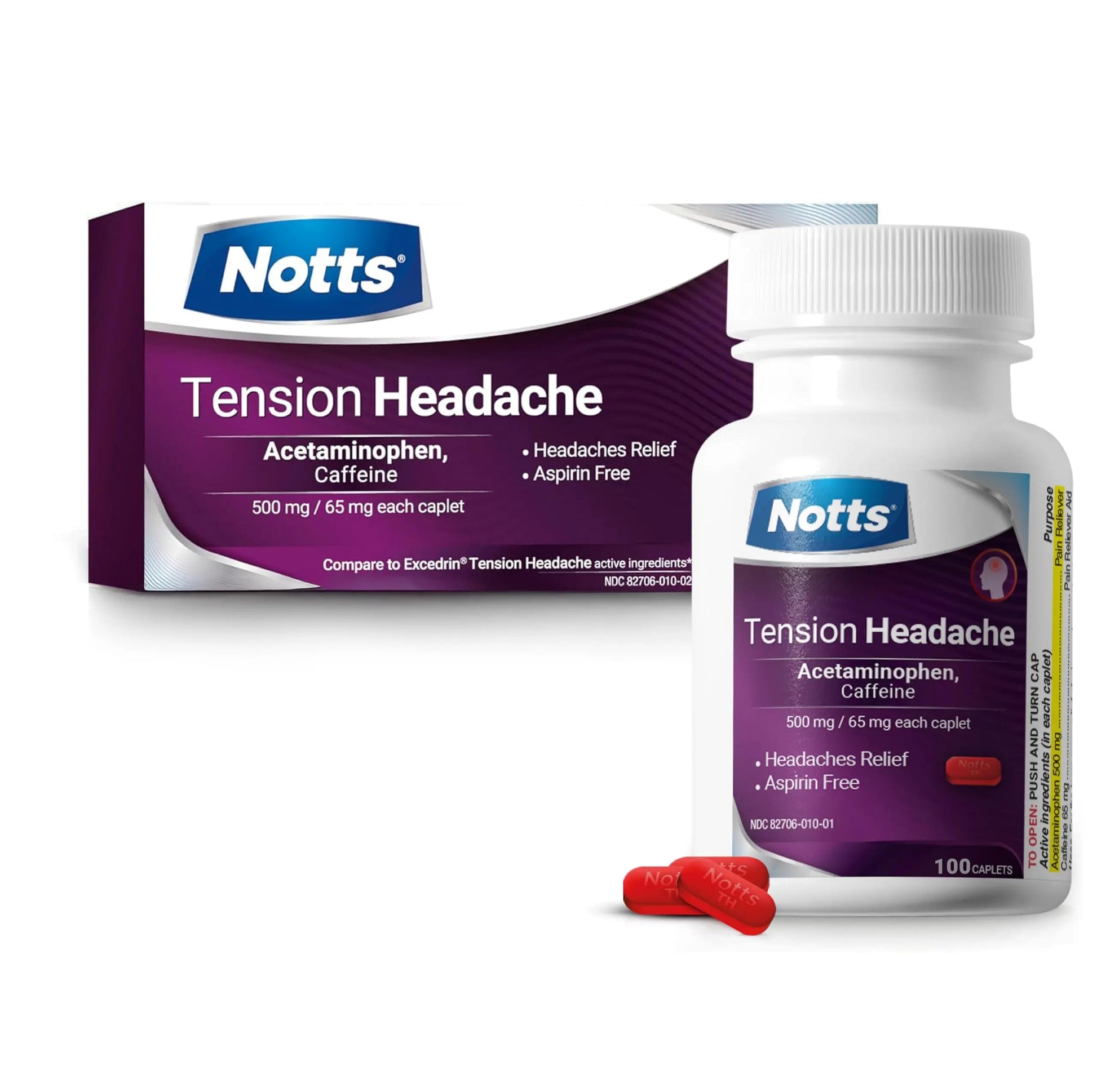 NOTTS Tension Headache Relief Without Aspirin for Head, Neck & Shoulder Pain - 100 Count, Acetaminophen 500 mg Caffeine 65 mg Caplets, for Aches Caused by Tension and Stress. Headache Relief caplets NOTTS Au supplements