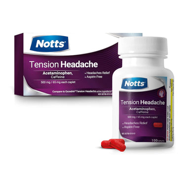 NOTTS Tension Headache Relief Without Aspirin for Head, Neck & Shoulder Pain - 100 Count, Acetaminophen 500 mg Caffeine 65 mg Caplets, for Aches Caused by Tension and Stress. Headache Relief caplets NOTTS Au supplements