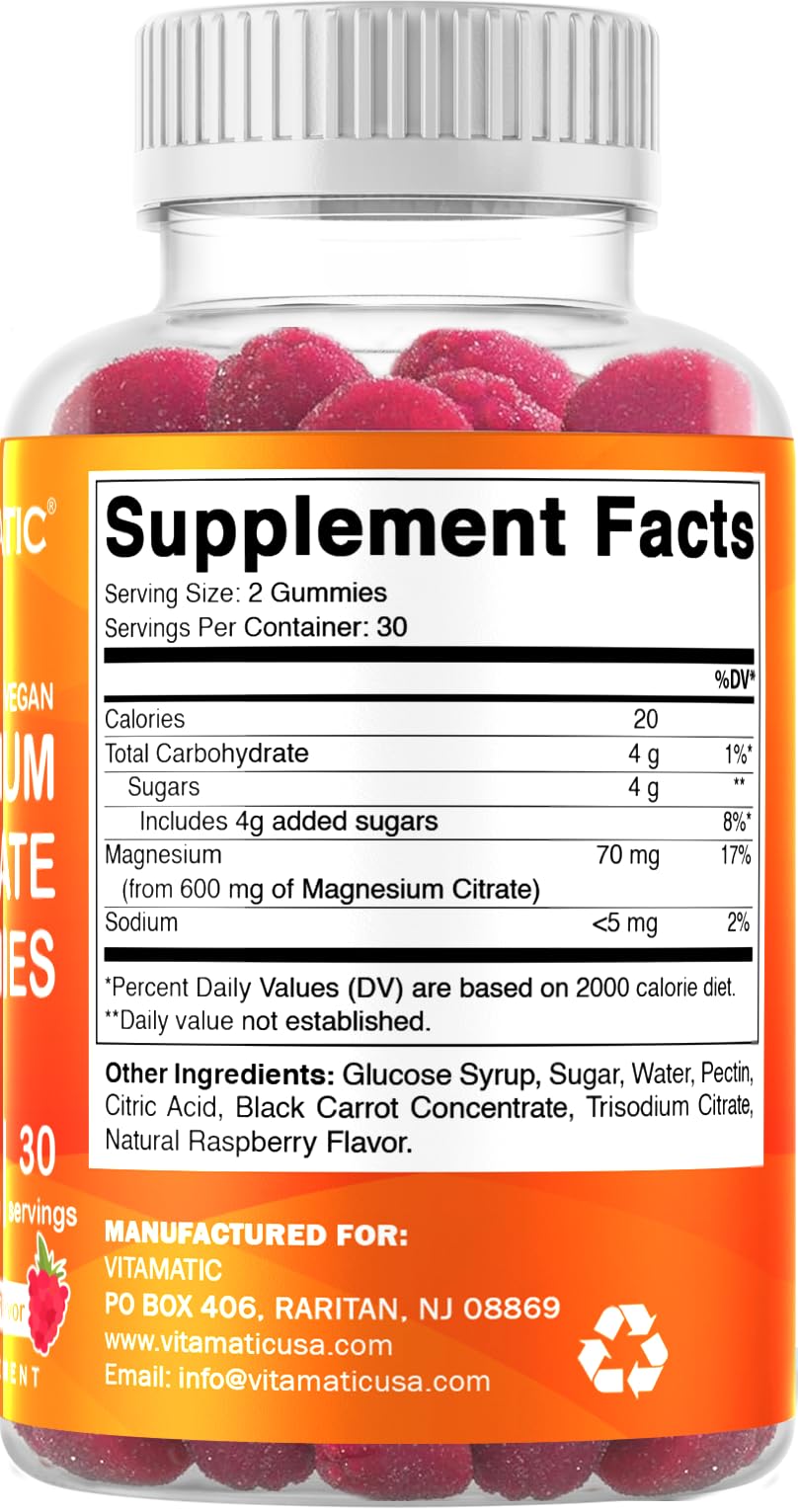 Vitamatic Magnesium Gummies 600mg per Serving – 60 Vegan Count for Relaxation, Muscle, Bone, and Energy Support Vitamatic Au supplements