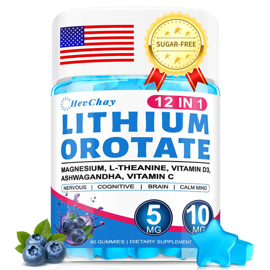 12-in-1 Lithium Orotate 5mg 10mg with Ashwagandha & L-Theanine, Lithium Orotate for Mood, Calm, Cognitive & Brain, High Bioavailability Trace Mineral, Lemon Balm HevChayUS supplements