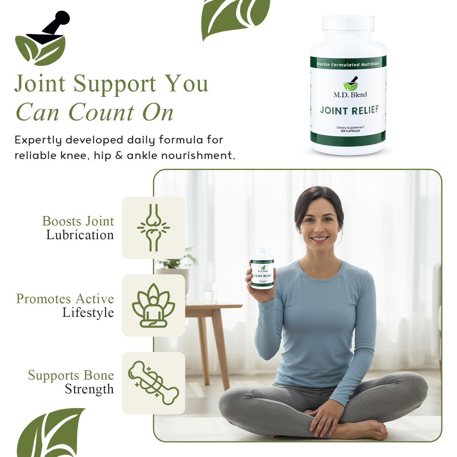 M.D. Blend Wellness Bundle with joint health supplement (120 capsules) & lightweight face hydrating hyaluronic acid serum (30 ml) featuring an airless pump, daily wellness skincare + joint support duo M.D. Blend Au supplements