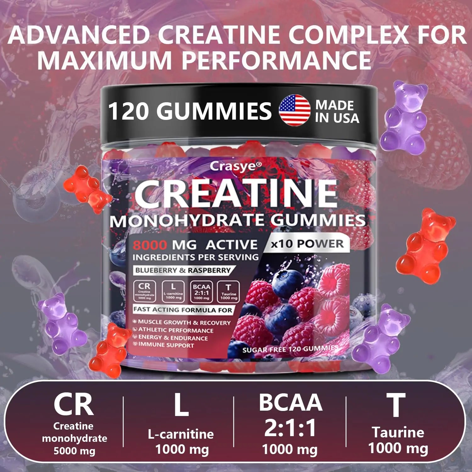 Crasye Creatine Gummies Complex 8000mg for Men and Women Creatine Monohydrate Gummy with BCAA Taurine for Muscle Strength and Energy Boost Sugar Crasye Au supplements
