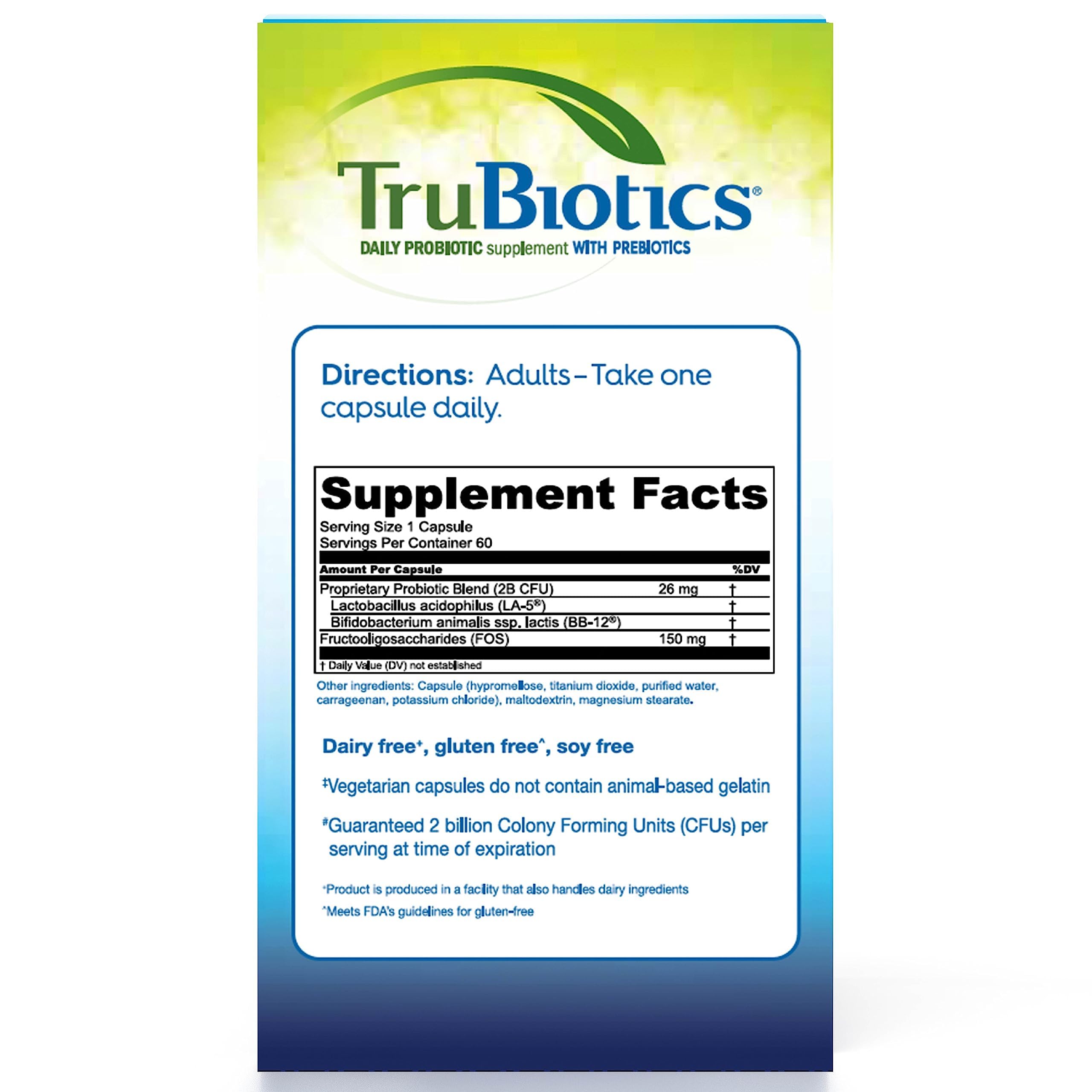 TruBiotics Probiotics for Digestive & Immune Health, Supports Regularity & Helps Relieve Abdominal Discomfort, Gas & Bloating, 2 Clinically Studied Probiotic Strains, Plus Prebiotics, 60 Capsules TruBiotics Au supplements