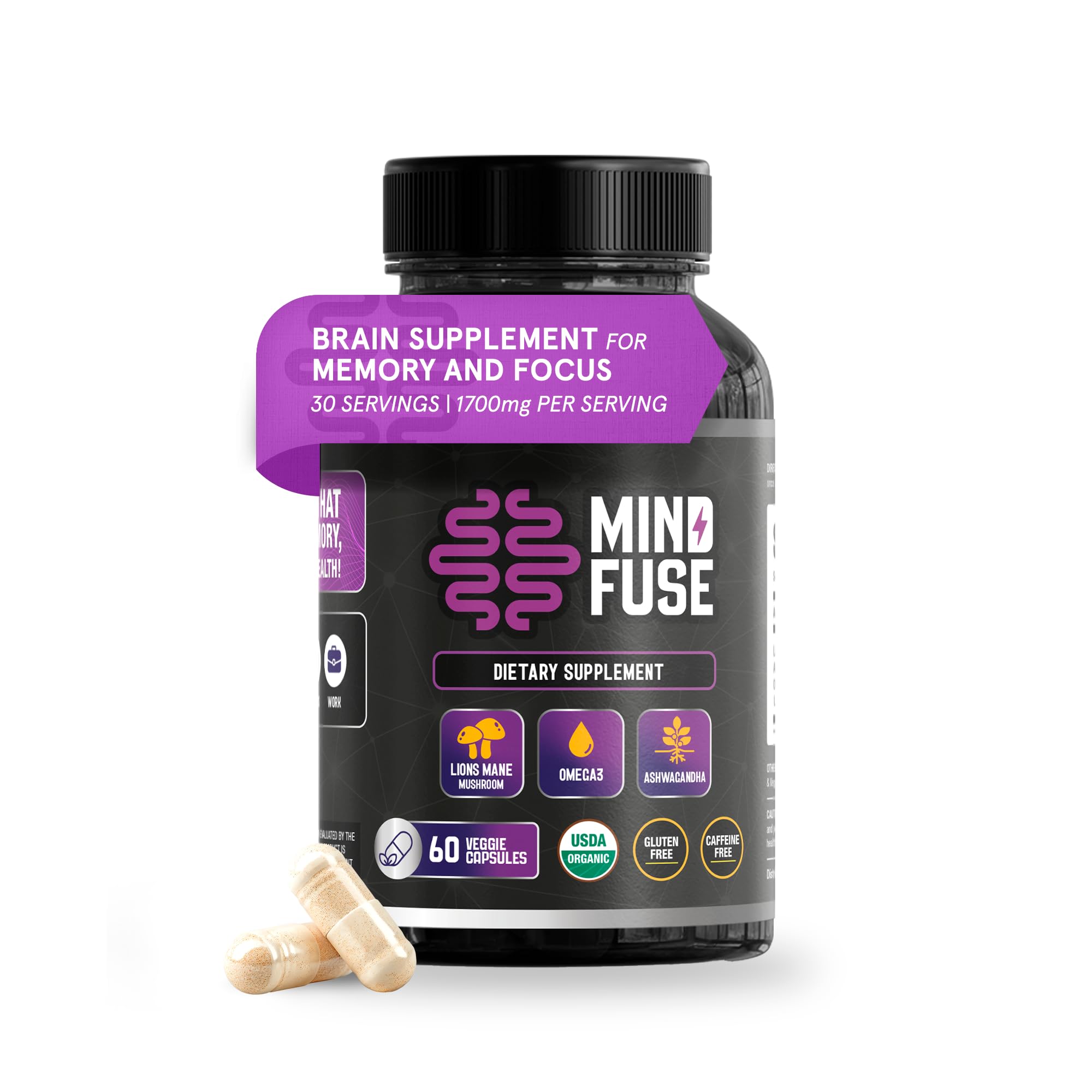 Nootropic Memory Booster Supplement for Adults - Lion’s Mane Capsules with Omega-3, Ashwagandha & L-Theanine for Focus & Memory - Gluten-Free 60 Capsules Mind Fuse Au supplements