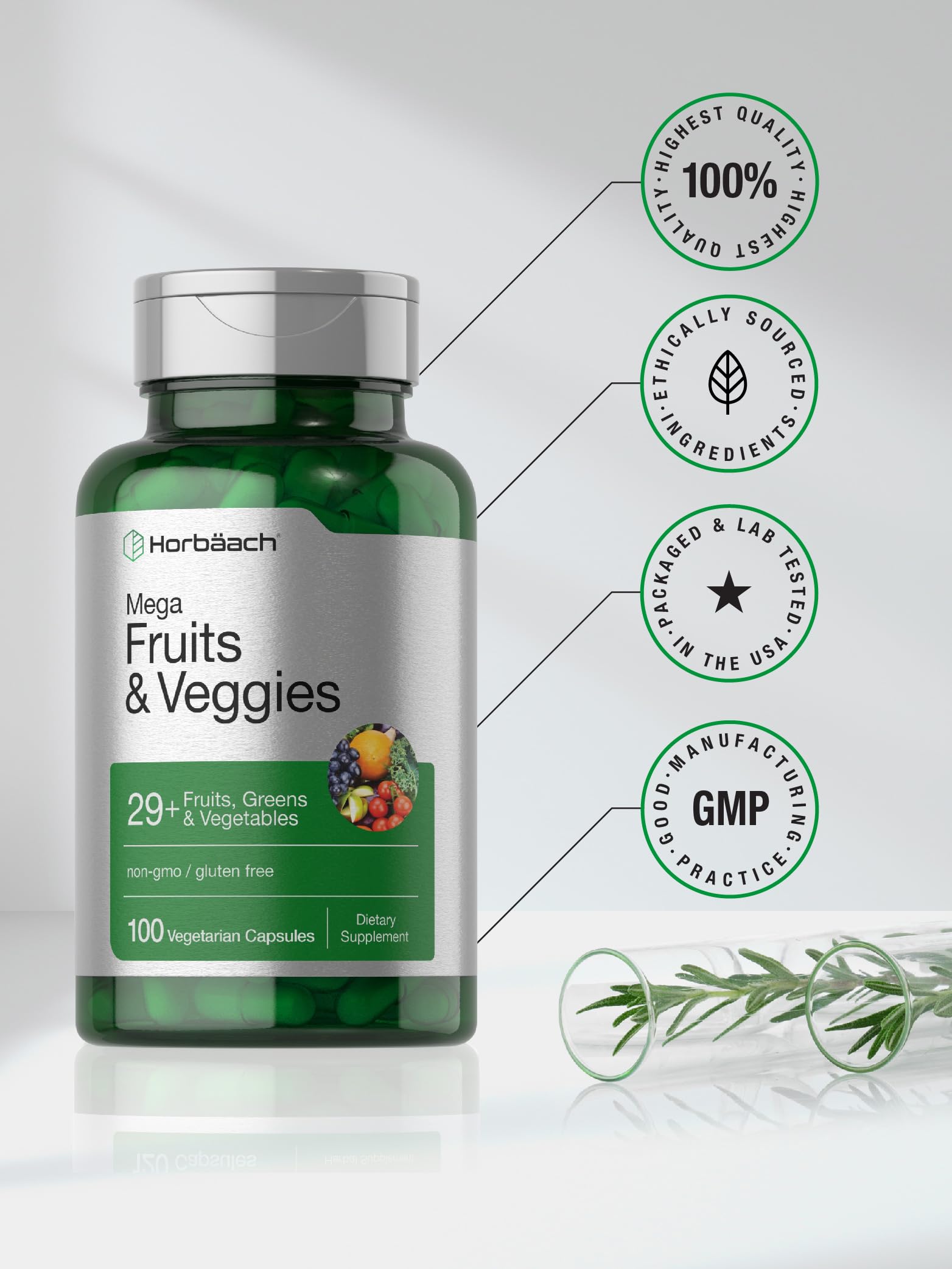 Horbäach Mega Fruits and Veggies Supplement | 100 Capsules | Vegetarian, Non-GMO and Gluten Free Horbäach Au supplements