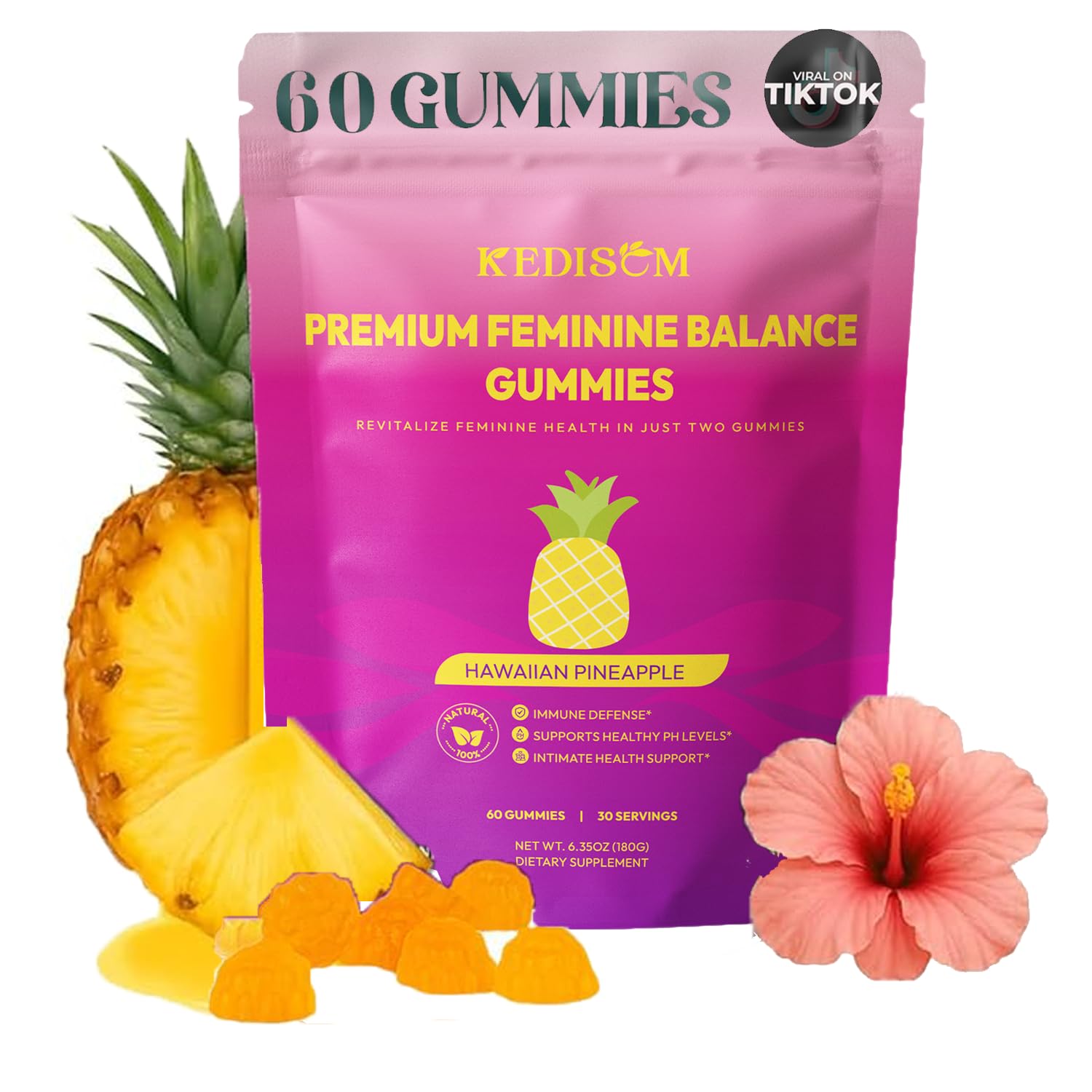KEDISOM Premium Feminine Balance Gummies - for Women’s Health & Wellness - Immune Support - Vegan, Gluten-Free - Hawaiian Pineapple - 60 Gummies - 30 Servings KEDISOM Au supplements