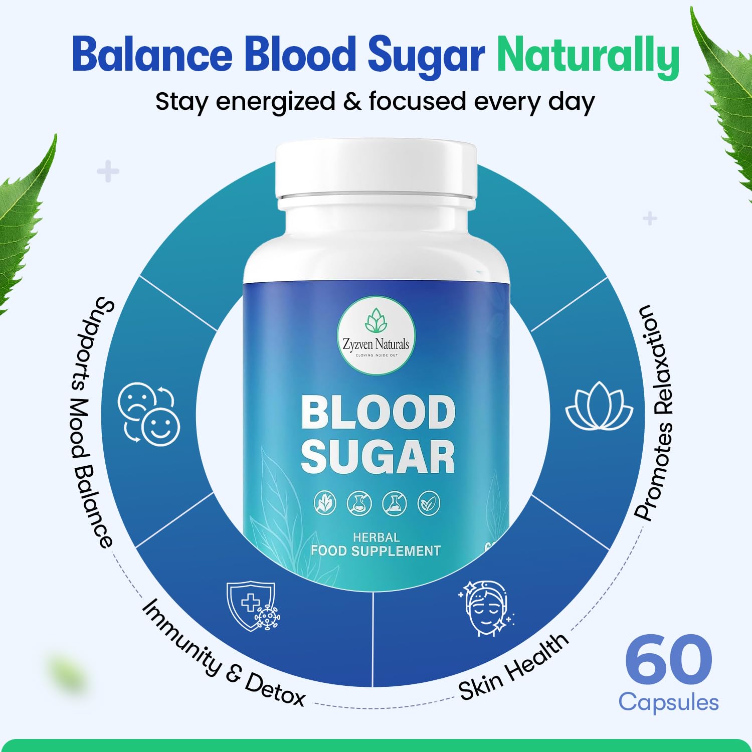 Zyzven Naturals Blood Sugar Support Supplement – 60 Vegan Capsules | Herbal Supplement with Moringa, Cinnamon, Ginger, Neem & Fenugreek | Plant-Based Wellness Supplement - Serving: 2 Capsules/Day Zyzven Naturals Au supplements