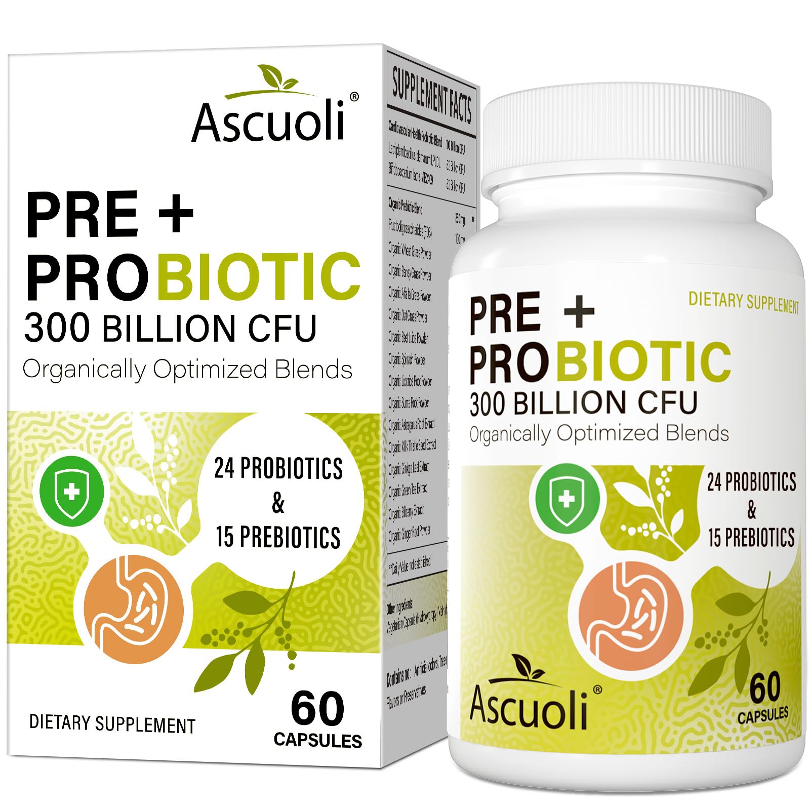 Ascuoli Probiotics for Women & Men - 300 Billion CFU, 24 Strains Probiotics + 15 Organic Herbs Blend, Daily Probiotic for Digestive Health, Immune, Gut, Bloating - 60 Capsule Ascuoli Au supplements