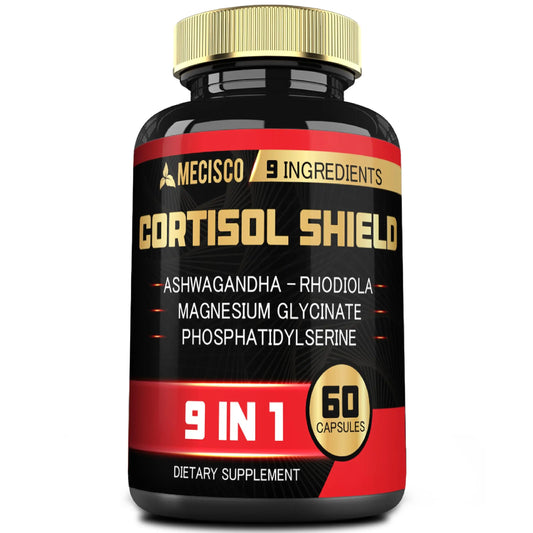 9in1 Cortisol Shield - Ashwagandha & Magnesium Glycinate, Rhodiola, Phosphatidylserine, L-Theanine, Licorice Root, St. John's Wort, Lions Mane - Mind & Mood, Restful Night Support - 60 Capsules MeciscoAU supplements