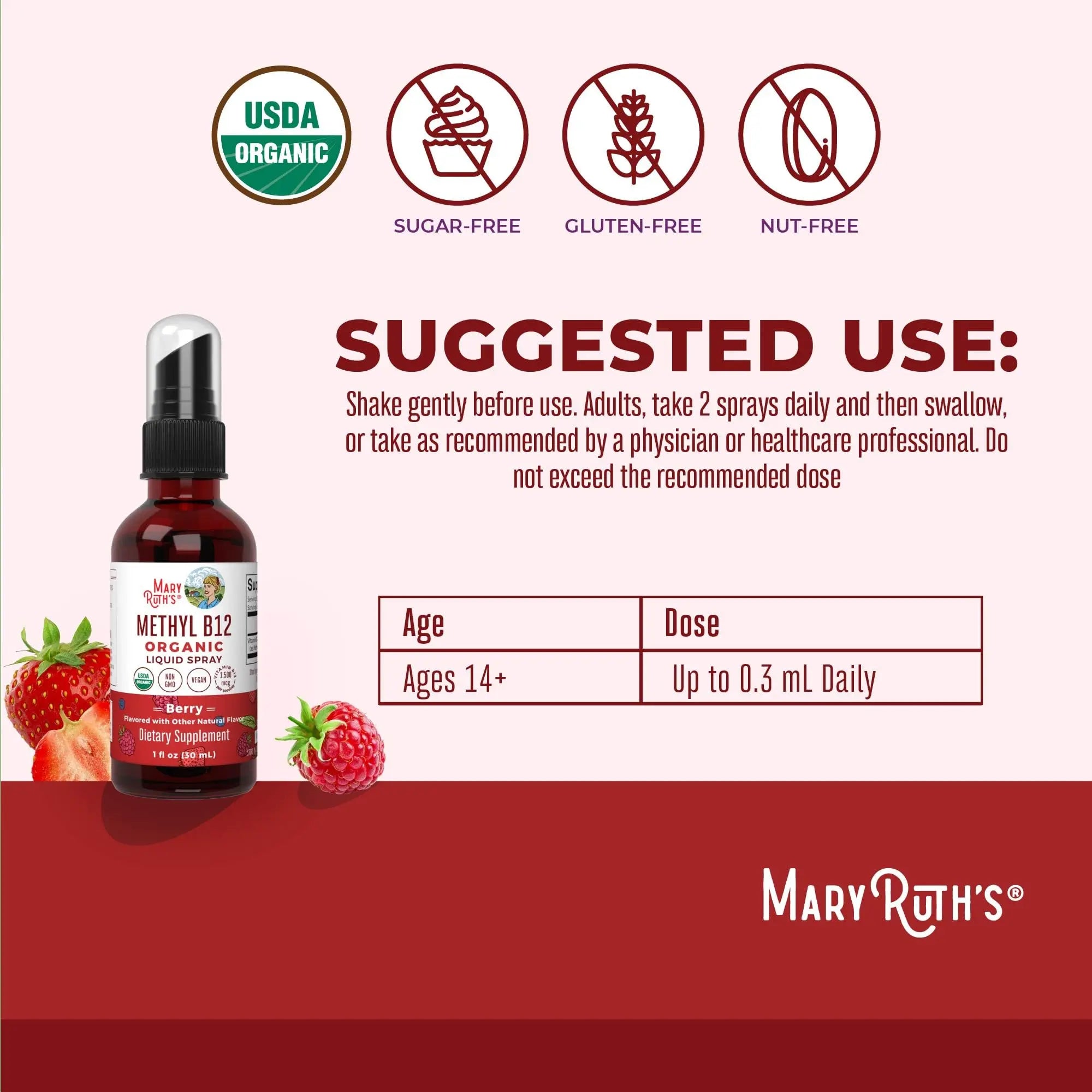 MaryRuth Organics Methyl B12 Spray | 1,500 mcg B12 Per Serving | Methylcobalamin | Energy Metabolism | Nervous System Support | Neuro Health | Vegan | Gluten Free | Sugar Free | 1 Fl Oz MARYRUTH'S Au supplements
