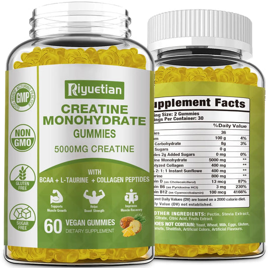 Riyuetian Creatine Monohydrate Gummies, Creatine for Men & Women, Chewable Creatine for Enhancing Focus and Endurance, 5g Creatine per Serving, Sugar-Free, 60 Count RiyuetianAU supplements