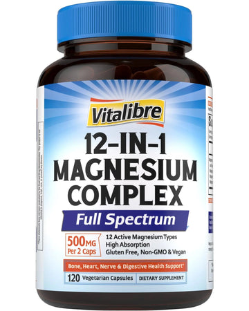 Vitalibre 12 in 1 Magnesium Complex Supplement 500mg | Max Absorption Chelated Magnesium Glycinate Citrate Malate & More for Bone, Nerve & Digestive Support | Non-GMO Vegan Capsules (120 Count) Vitalibre Au supplements
