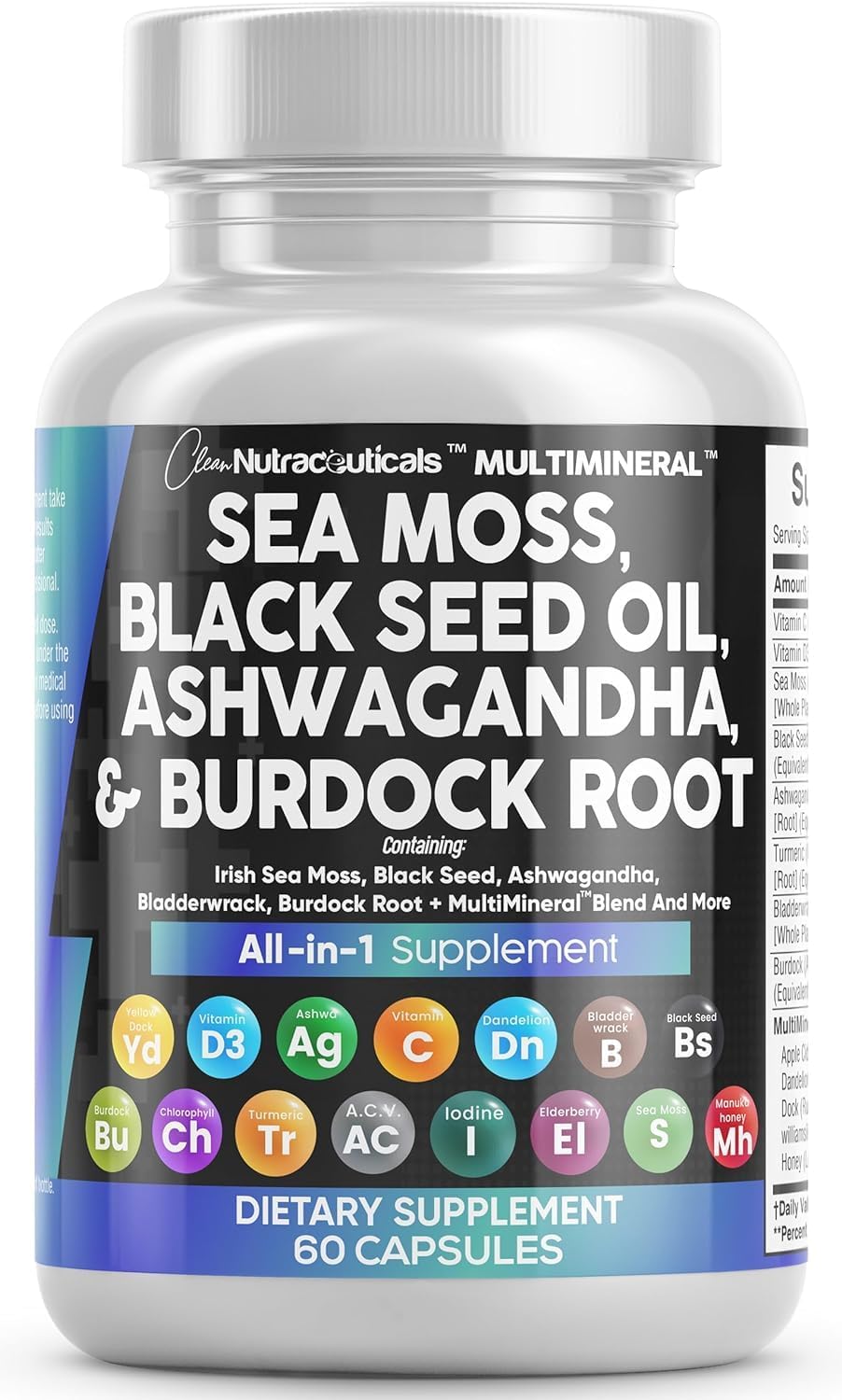 Clean Nutraceuticals Sea Moss Black Seed Oil Ashwagandha Turmeric Bladderwrack Burdock & Vitamin C Vitamin D3 with Elderberry Manuka Dandelion Yellow Dock Iodine Chlorophyll ACV Clean Nutraceuticals Au supplements
