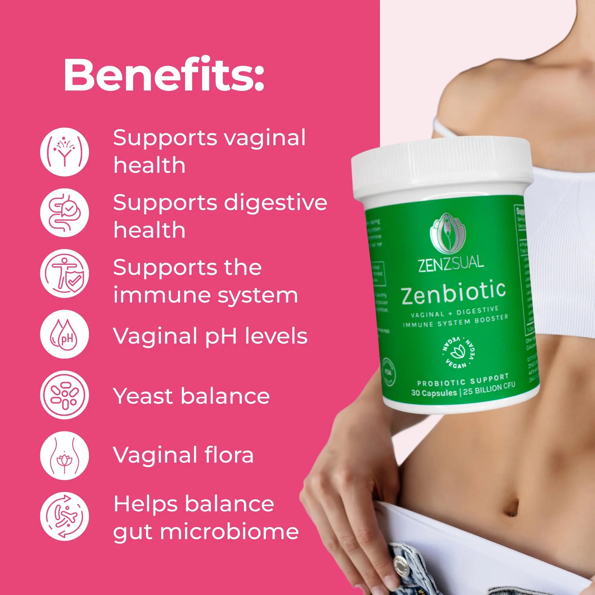 ZENZSUAL Zenbiotic Probiotics Support for Women – 25 Billion CFU, Vaginal Health & pH Balance Support, Odor & Yeast Control, Gut & Digestive Health, Urinary Comfort, Hormone Balance, 30 Vegan Capsules ZENZSUAL Au supplements