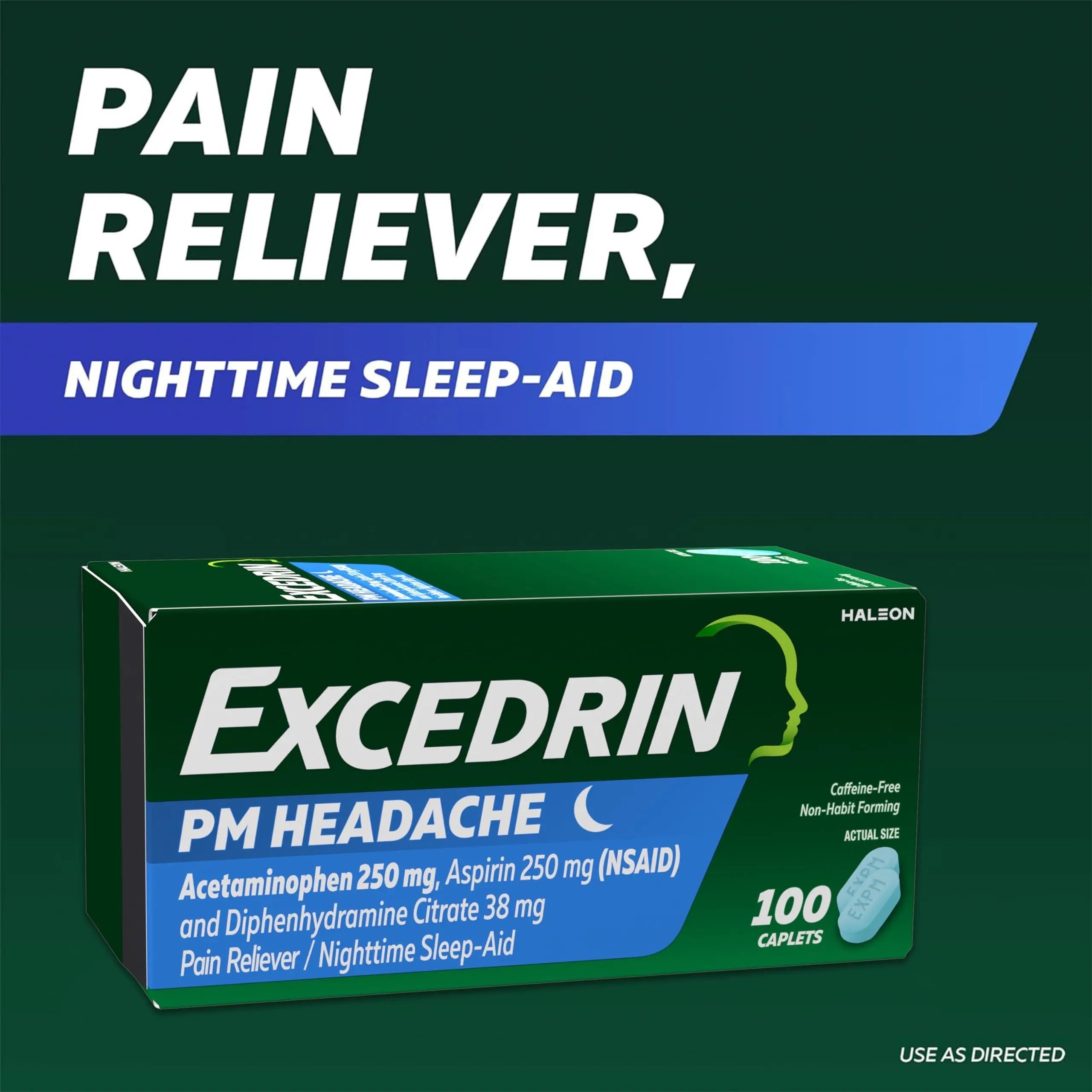 Excedrin PM for Headache Relief, Acetaminophen 250mg, Aspirin 250mg, Diphenhydramine Citrate 38mg, Pain Reliever, Nighttime Sleep-Aid, 24 Count Excedrin Au supplements