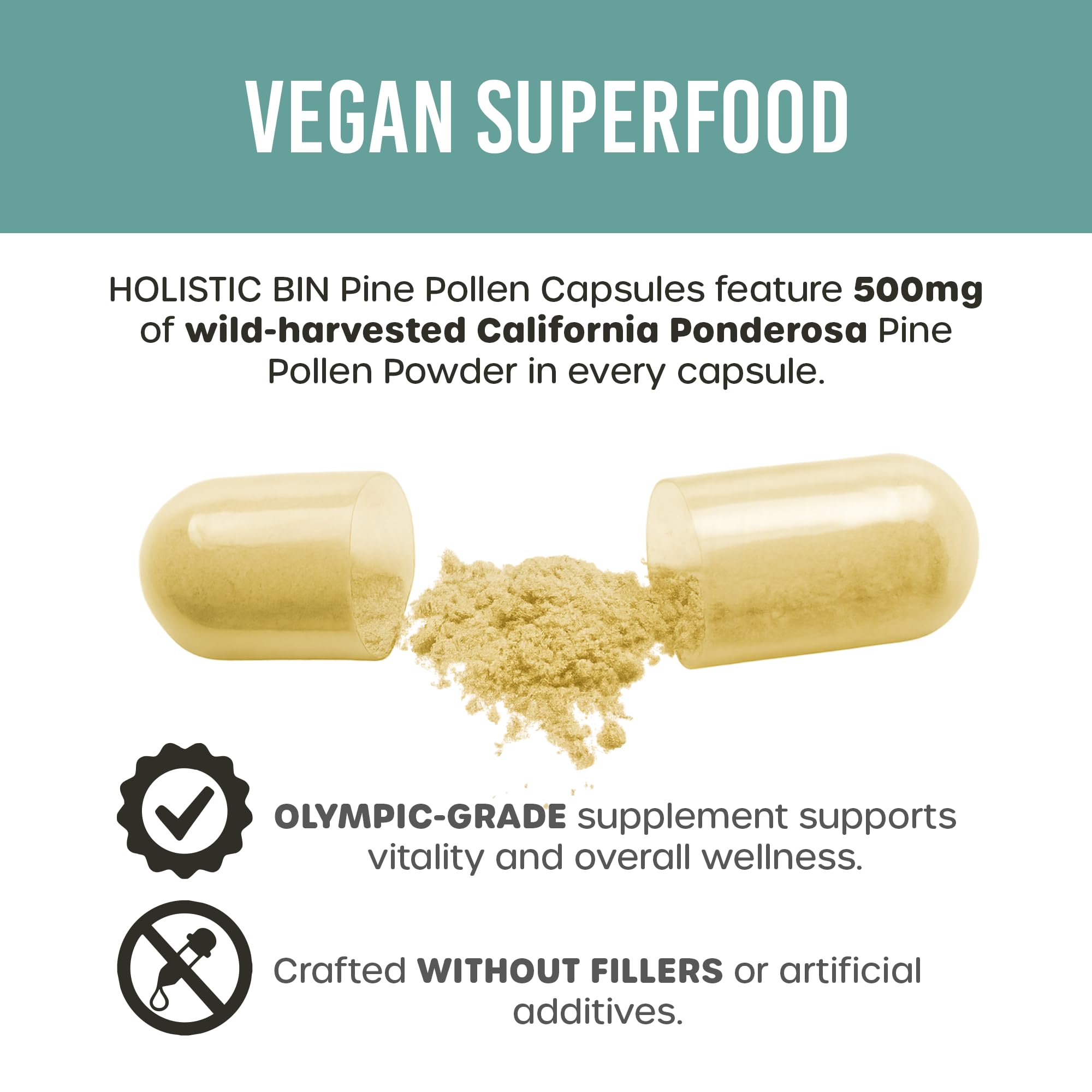 Holistic Bin Pine Pollen Capsules 500mg (Pinus Ponderosa) - Wild Harvested California Ponderosa Pine Pollen Powder - Olympic Grade - Organic, Non-GMO, No Fillers - 30 Day Supply (40 Capsules) Holistic Bin Au supplements