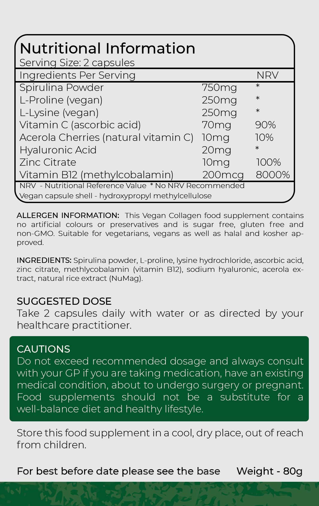 Vegan Collagen Supplement - 1400mg, Spirulina, L-Lysine, L-Proline, Acerola Cherries , Vitamin C & B12, Zinc, Hyaluronic Acid, UK Made D Direct Vitality Au supplements