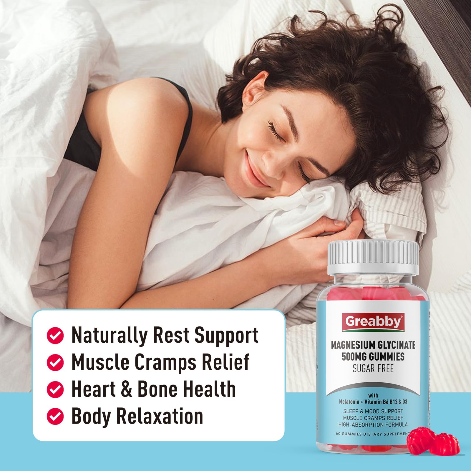 Greabby Magnesium Glycinate Gummies 500mg for Adults Sleep Support, Chewable Magnesium Gummies for Women & Men, Muscle Relief & Magnesium Supply (60 Count) GREABBY Au supplements