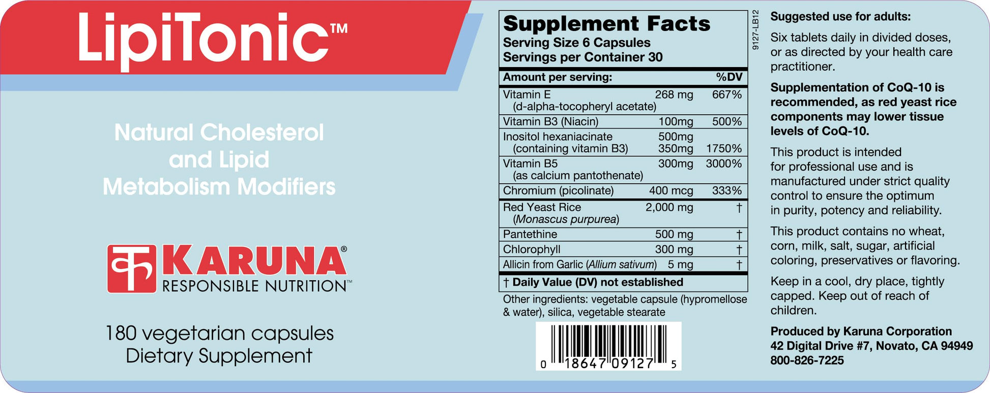 Karuna Lipitonic - 180 Vegetarian Capsules - Blend of Vitamins, Minerals, and botanicals Supporting Healthy Cholesterol Levels Already in the Normal Range and Promote Healthy lipid Metabolism Karuna Au supplements