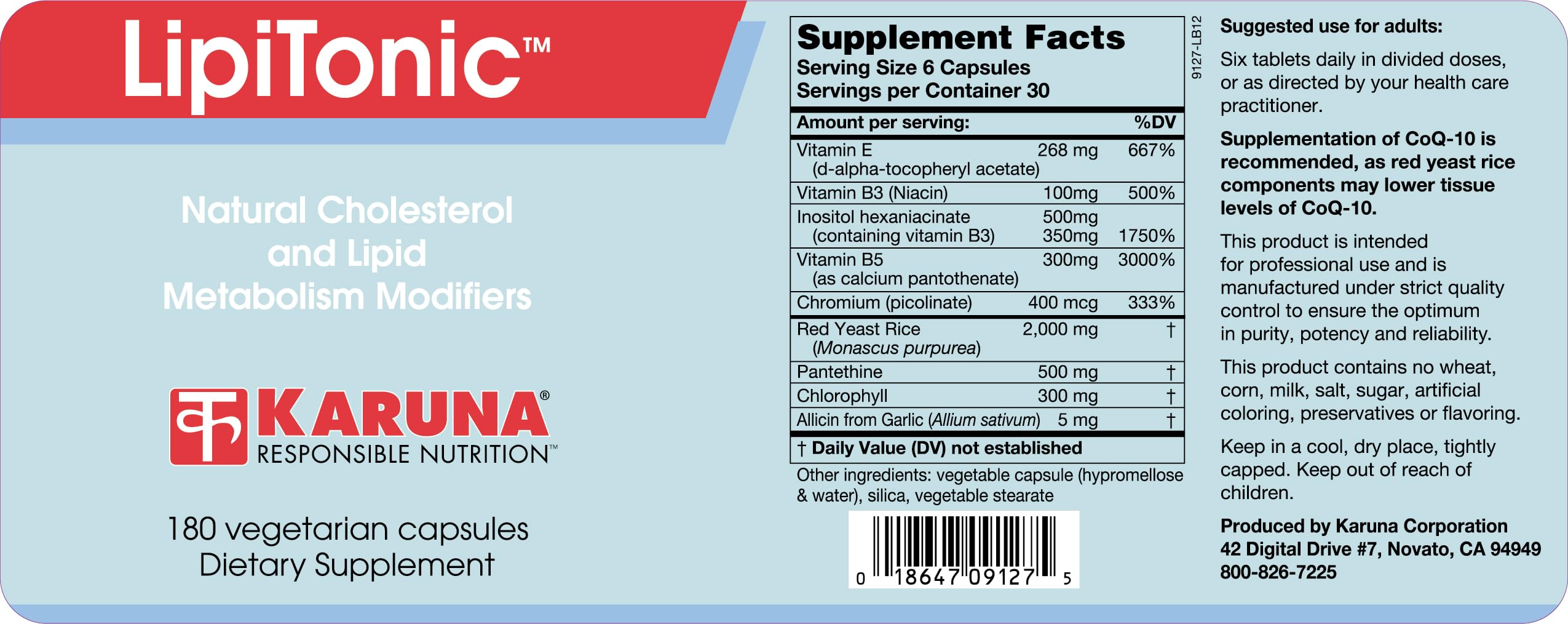 Karuna Lipitonic - 180 Vegetarian Capsules - Blend of Vitamins, Minerals, and botanicals Supporting Healthy Cholesterol Levels Already in the Normal Range and Promote Healthy lipid Metabolism Karuna Au supplements