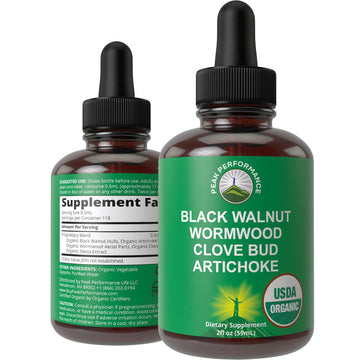 USDA Organic Wormwood Black Walnut Clove Drops Cleanse for Humans. Sugar Free Supplement for Intestinal Cleanse, Detox Support for Adults and Kids. with Artichoke and Clove Bud. Kosher, No GMOs Peak Performance Au supplements