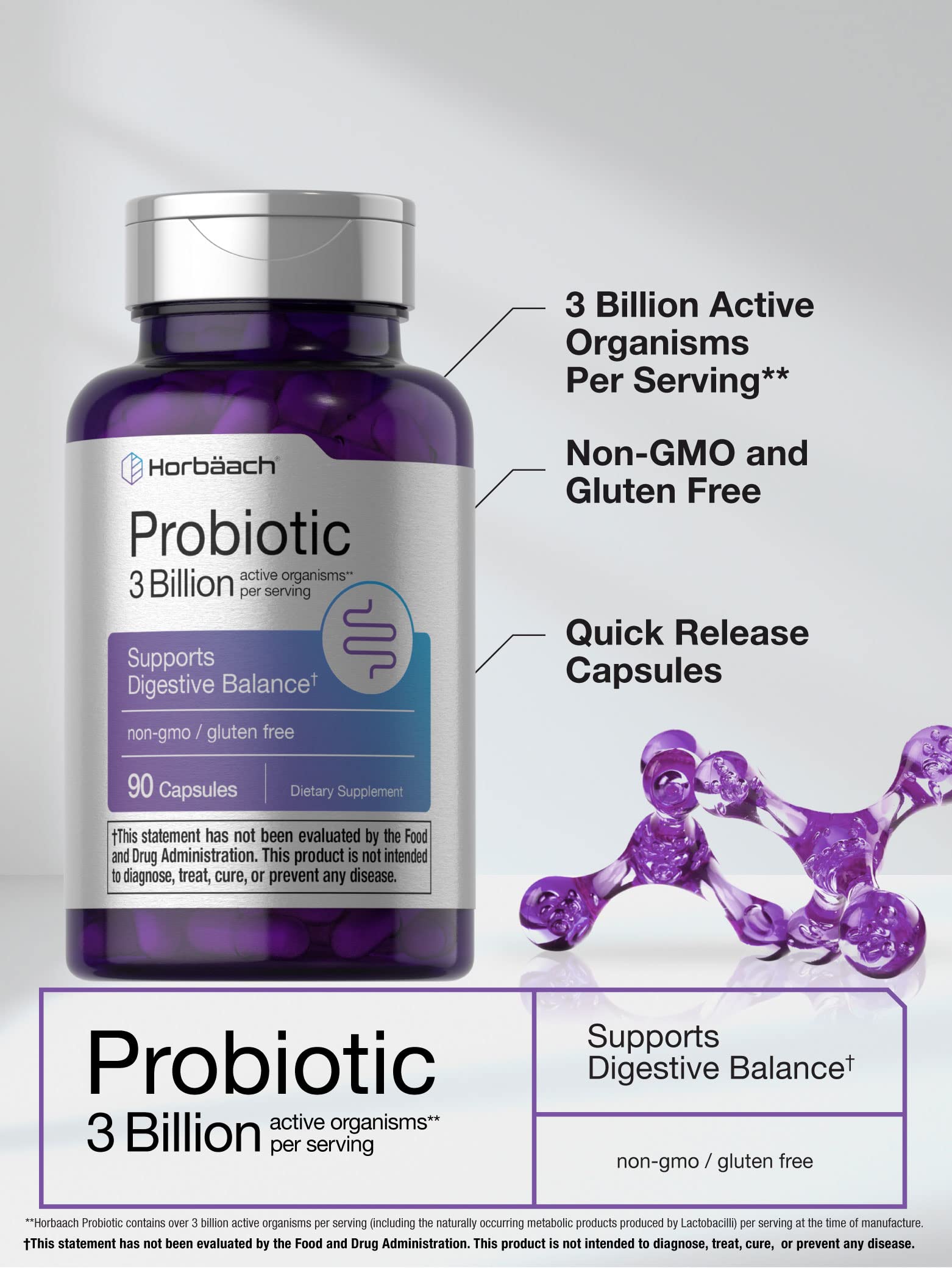 Probiotic for Women & Men's Digestive Health | 3 Billion CFU | 90 Capsules | Non-GMO Horbäach Au supplements