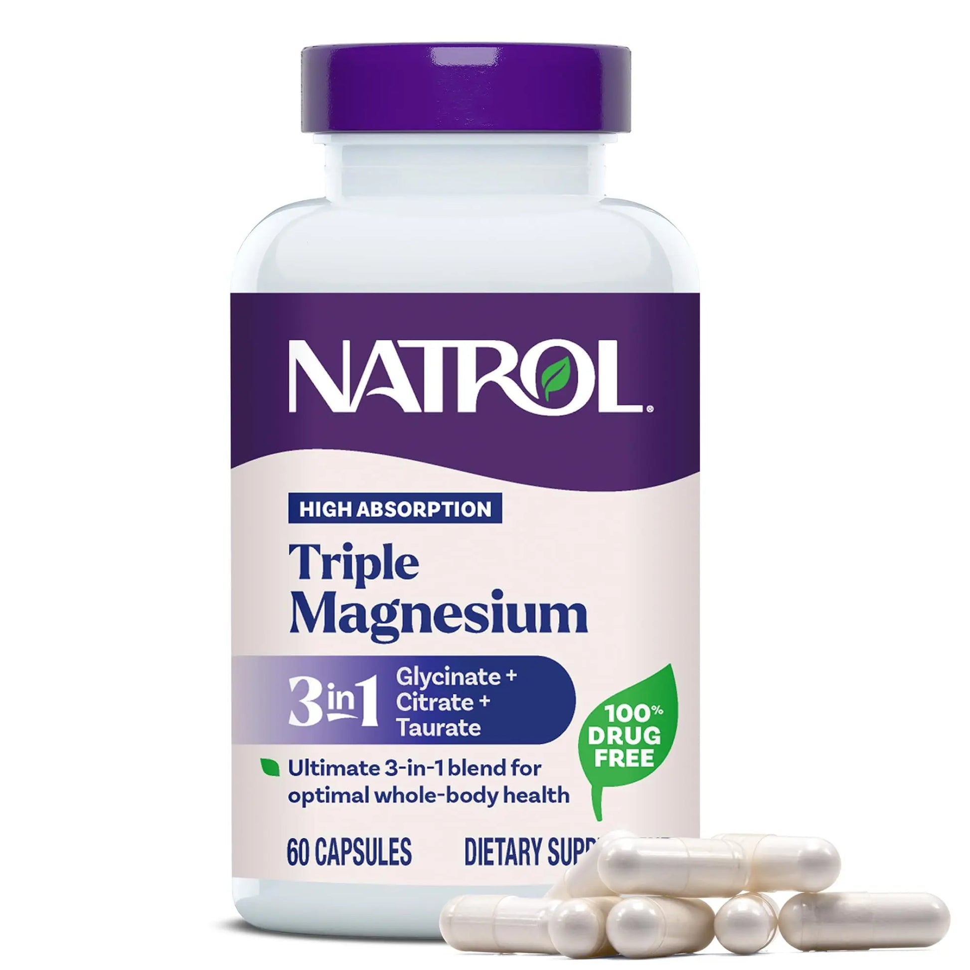 Natrol Triple Magnesium Complex Supplement, Glycinate, Citrate & Taurate 200mg High Absorption, Support Whole Body Wellness, 60 Capsules Natrol Au supplements