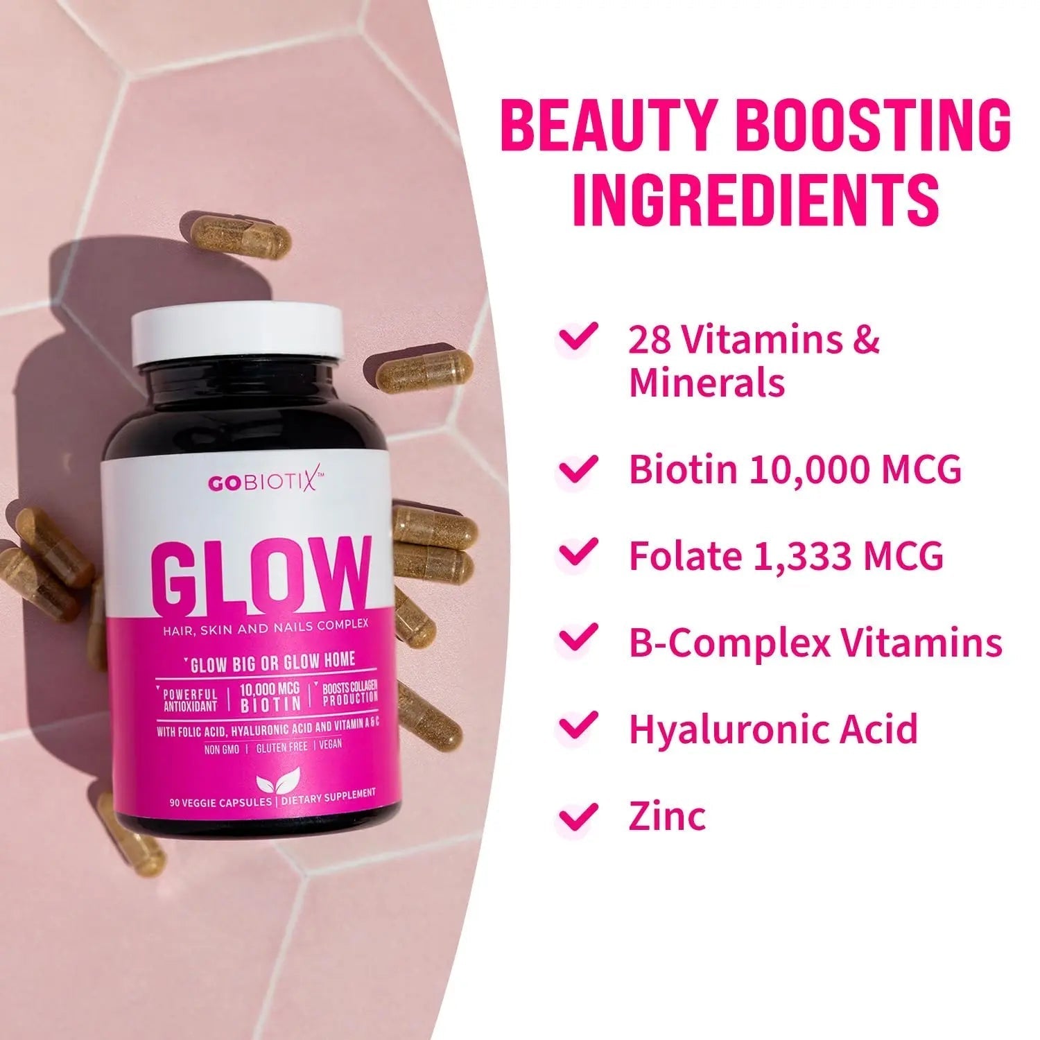 GOBIOTIX Hair Skin and Nails Vitamin Supplement - 10000mcg Biotin Pills with Hyaluronic Acid, Folate, Iron, Magnesium, and Zinc GOBIOTIX Au supplements