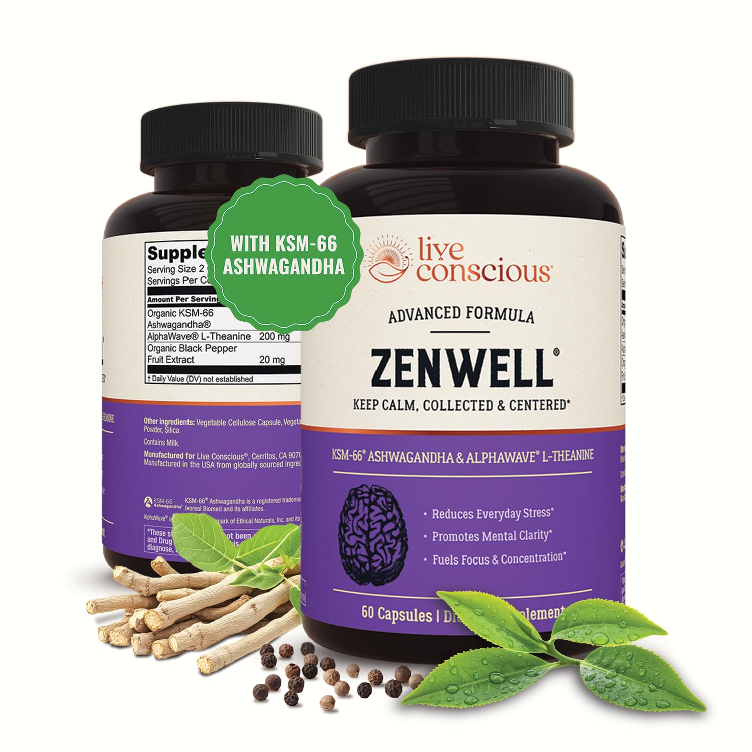 Live Conscious KSM-66 Ashwagandha Supplement w/L Theanine & AlphaWave - ZenWell Everyday Stress Relief, Cognitive, Brain Health - Ashwagandha for Men & Women - 60 Capsules Live Conscious Au supplements