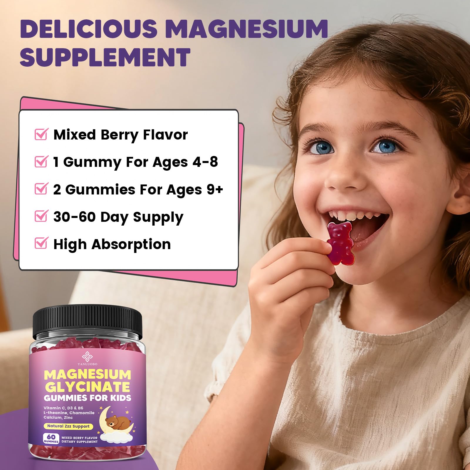 YANLUOBO Kids Magnesium Gummies, Magnesium Glycinate Gummies 400mg/200mg with L-Theanine, Chamomile, Vitamin B6, D3 for Kids, Relaxation & Zzz Support, Nerve Bone - Sugar Free Mixed Berry Flavor 60ct YANLUOBO Au supplements